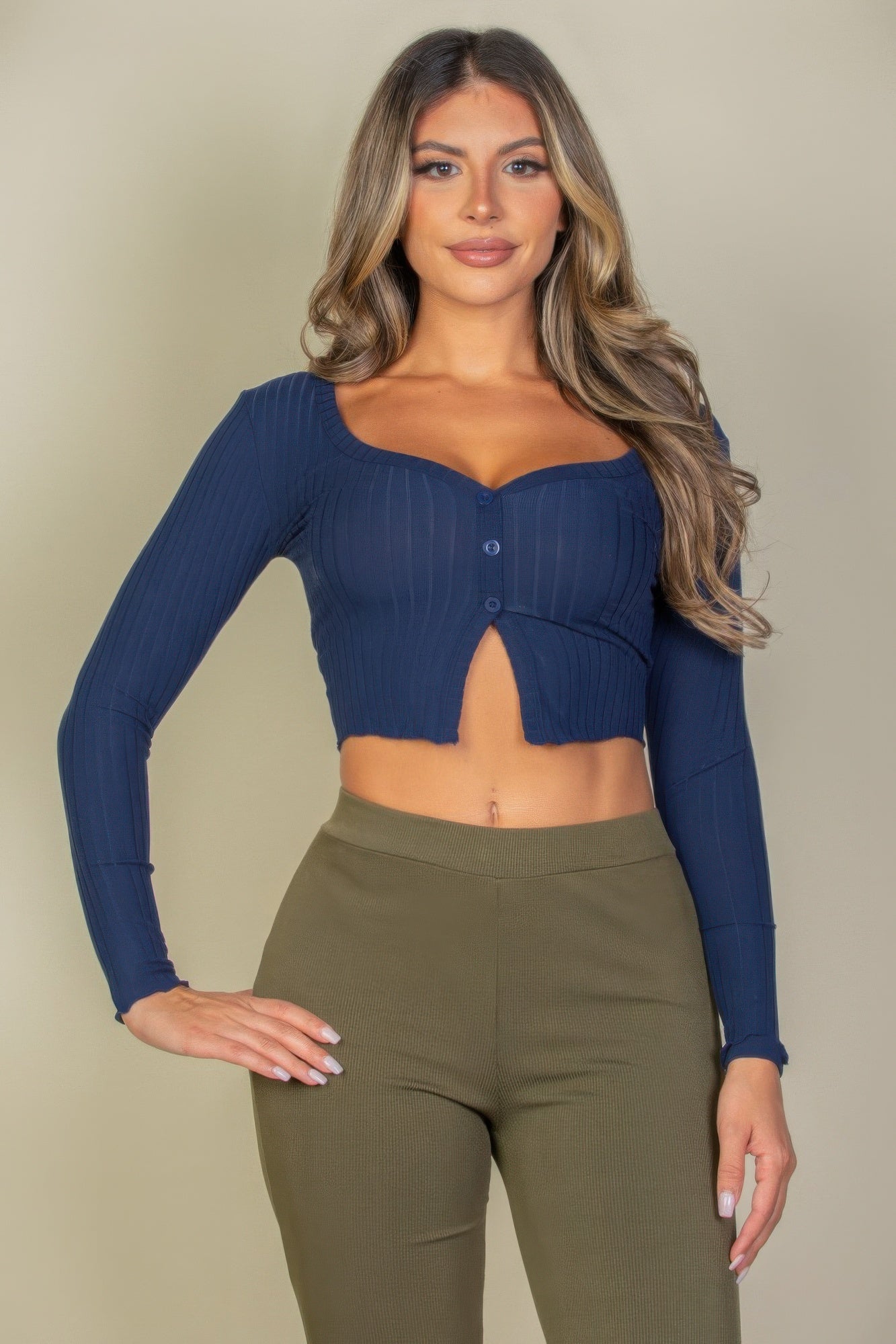 Ribbed Button Front Split Long Sleeve Top product image