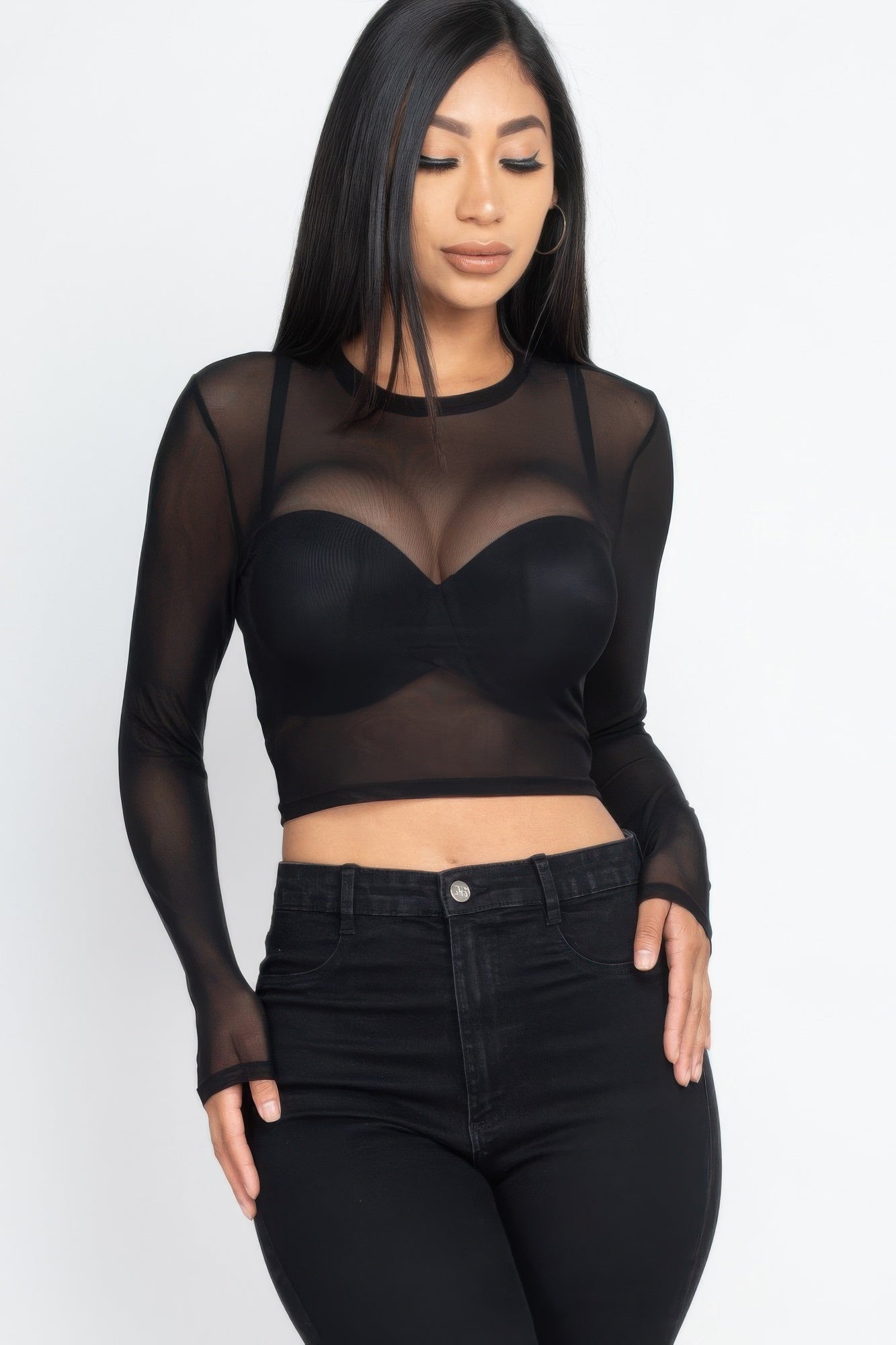 Sexy Sheer Mesh Long Sleeve Crop Top product image