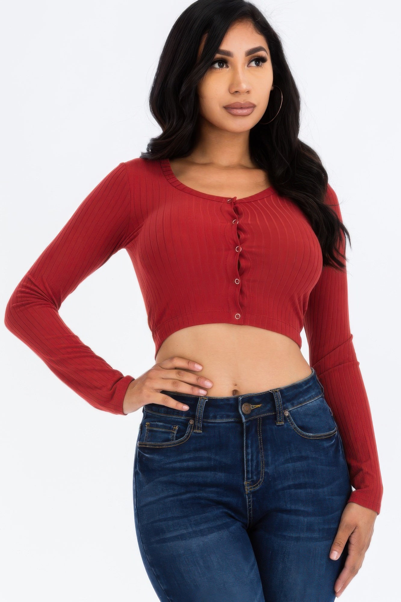 Ribbed Long Sleeve Snap Button Down Crop Top product image