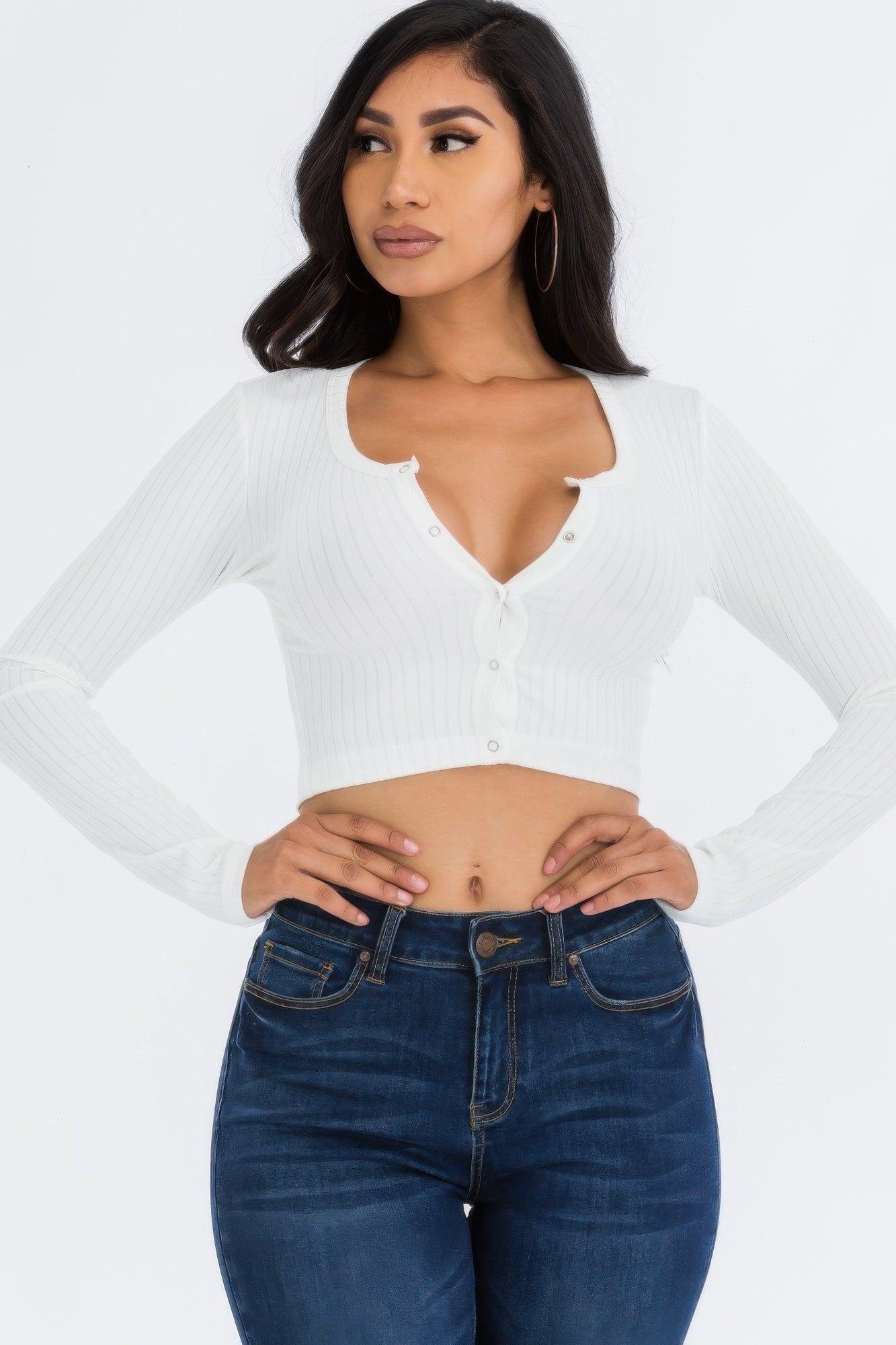 Ribbed Long Sleeve Snap Button Down Crop Top product image