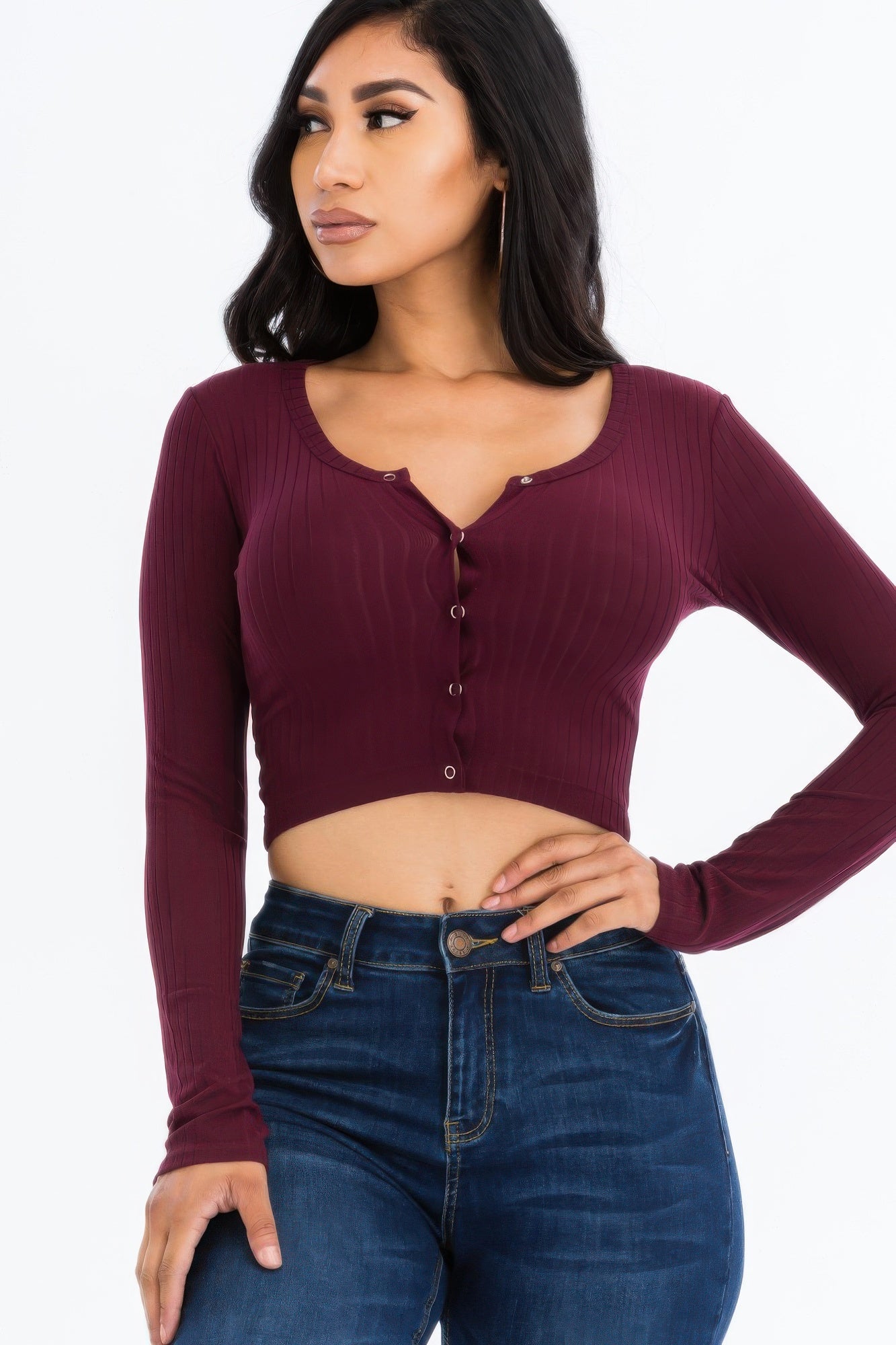 Ribbed Long Sleeve Snap Button Down Crop Top product image