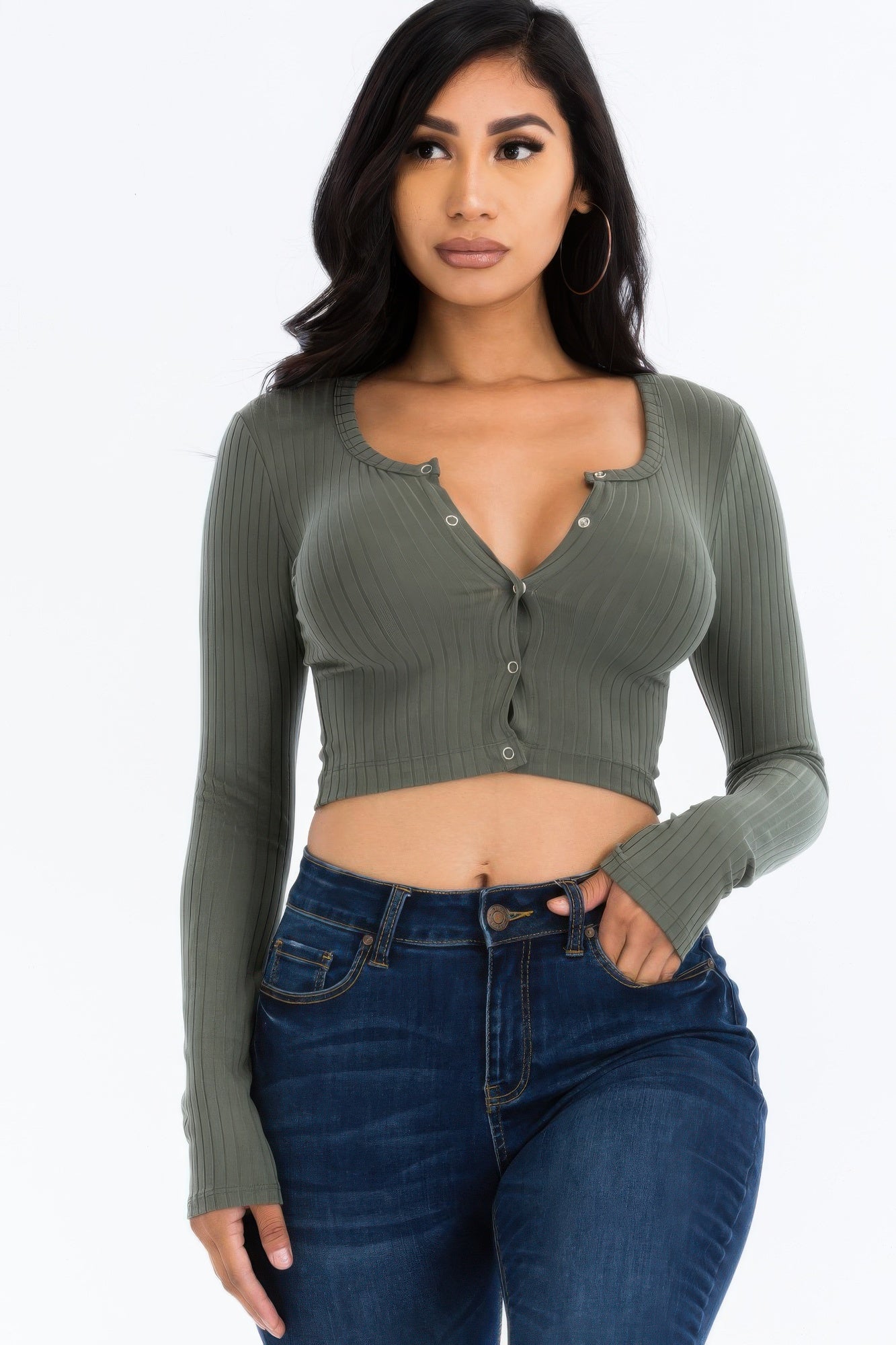 Ribbed Long Sleeve Snap Button Down Crop Top product image
