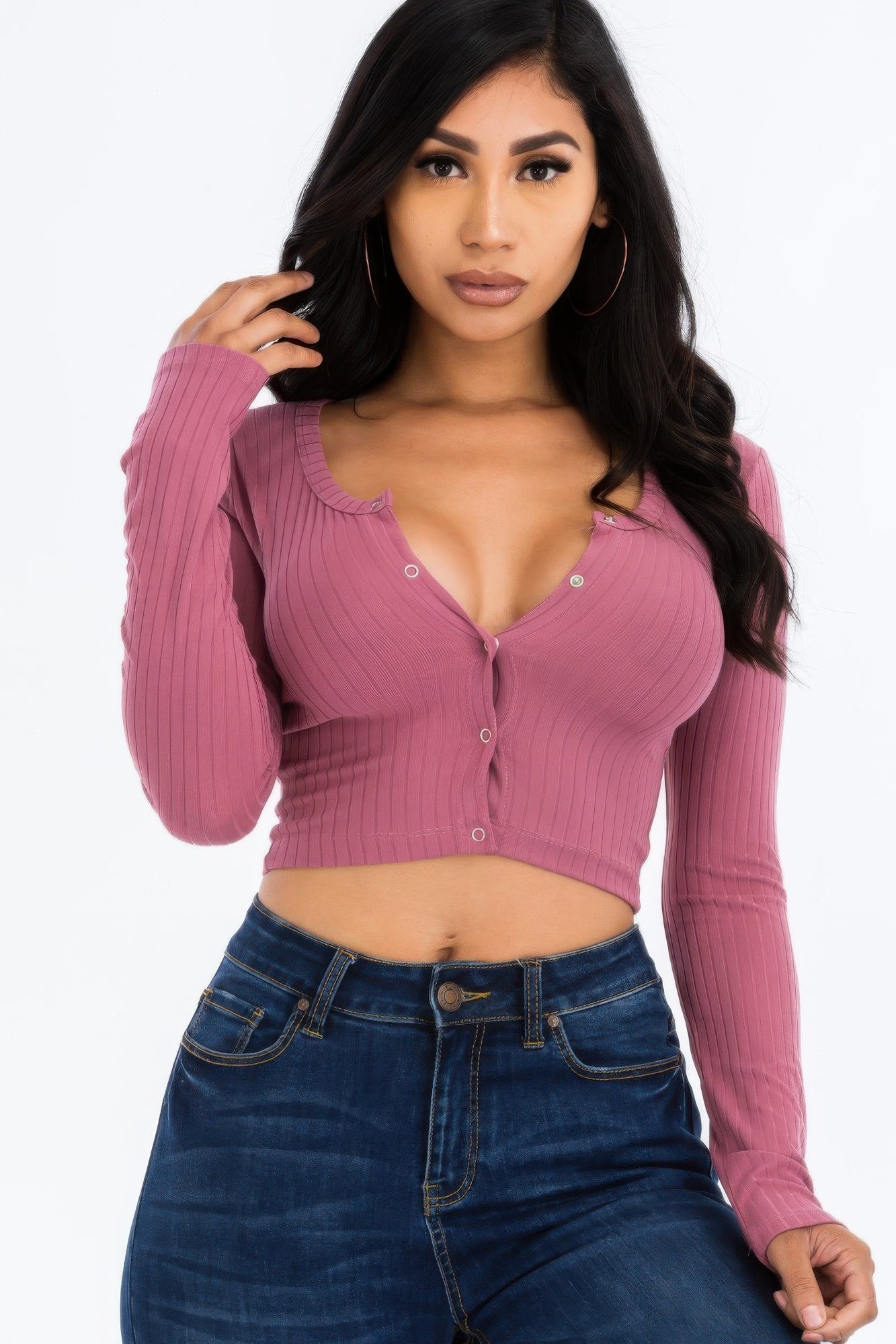 Ribbed Long Sleeve Snap Button Down Crop Top product image