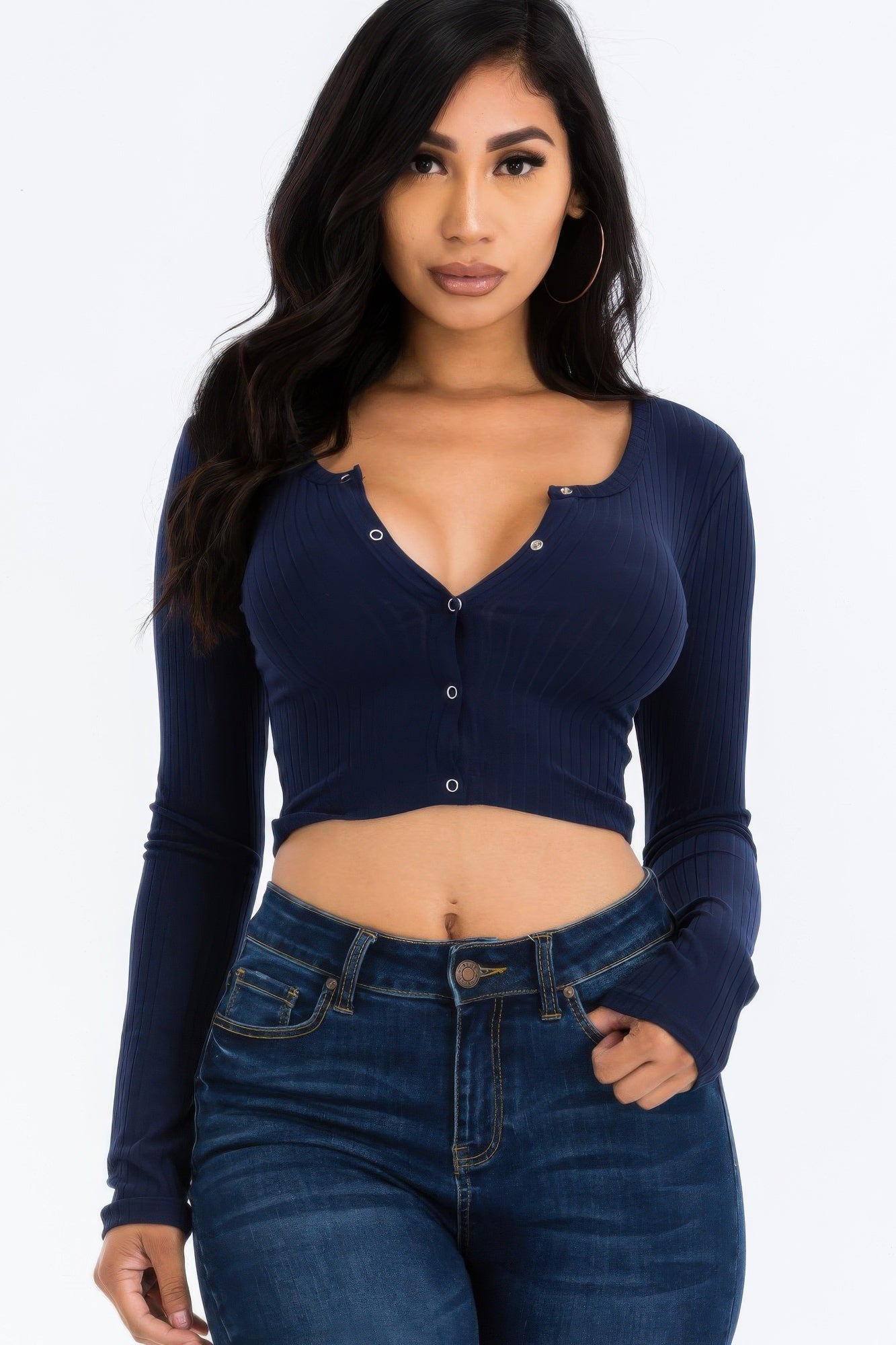 Ribbed Long Sleeve Snap Button Down Crop Top product image