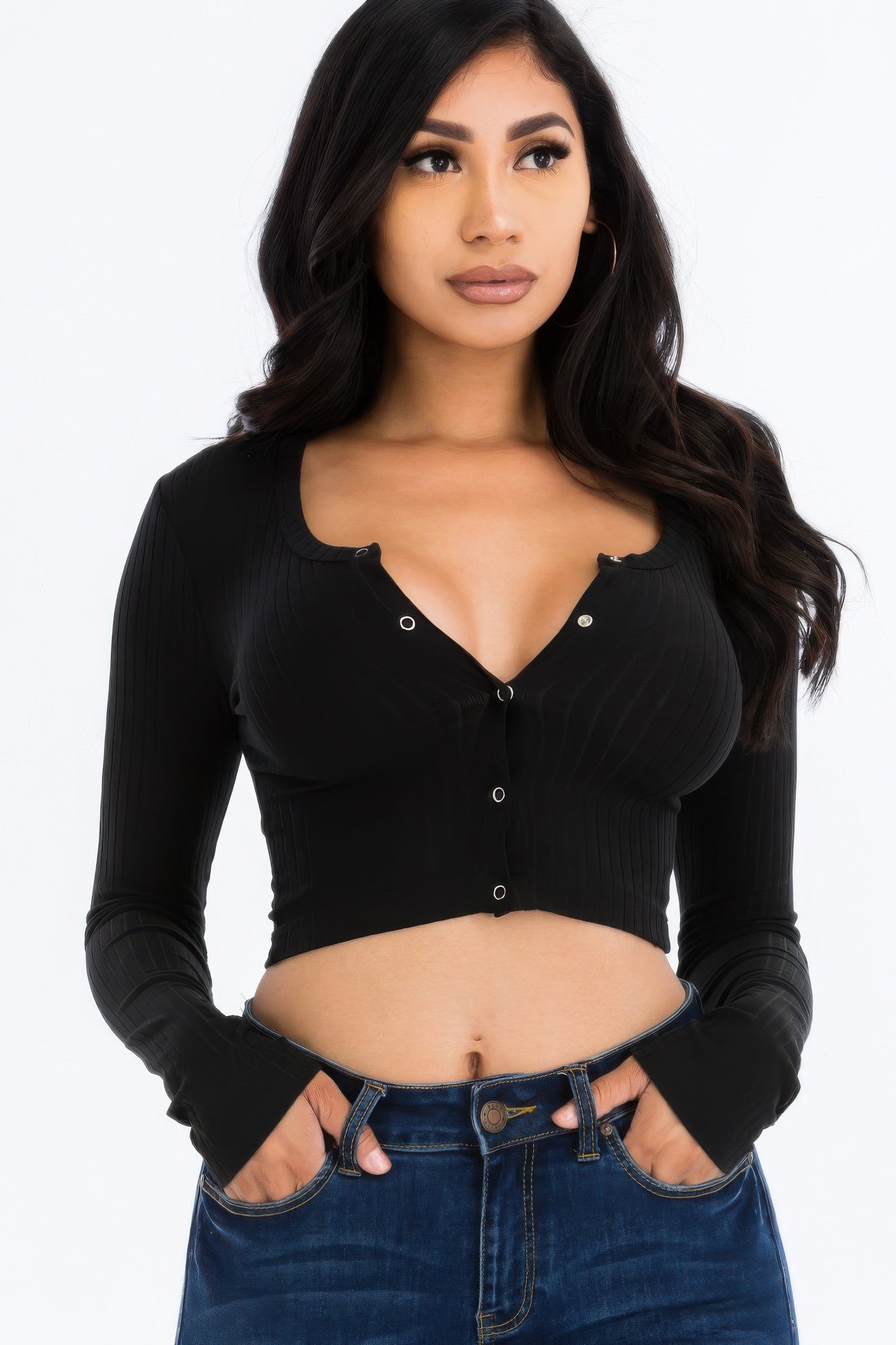 Ribbed Long Sleeve Snap Button Down Crop Top product image