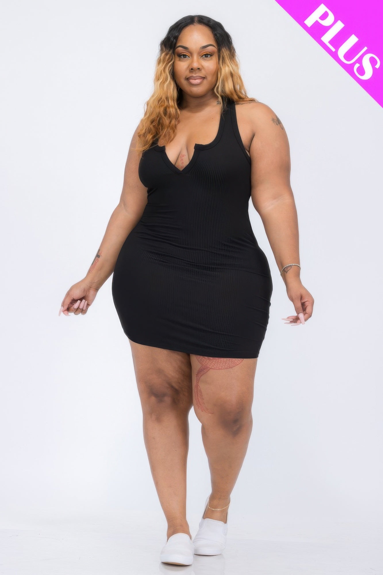 Plus Size Ribbed Split Neck Tank Mini Dress product image