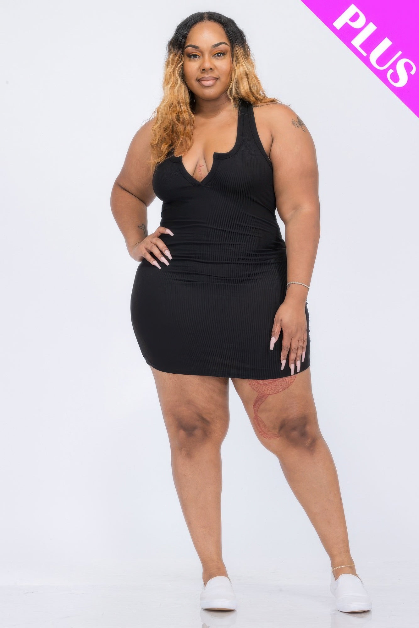 Plus Size Ribbed Split Neck Tank Mini Dress product image