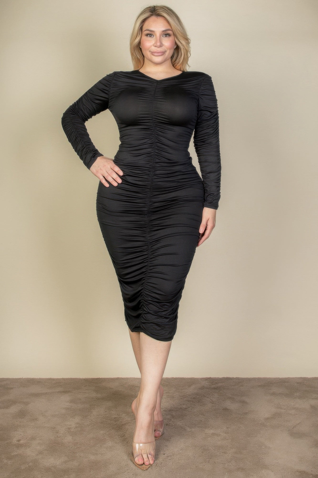 Plus Size Ruched Long Sleeve Midi Dress product image