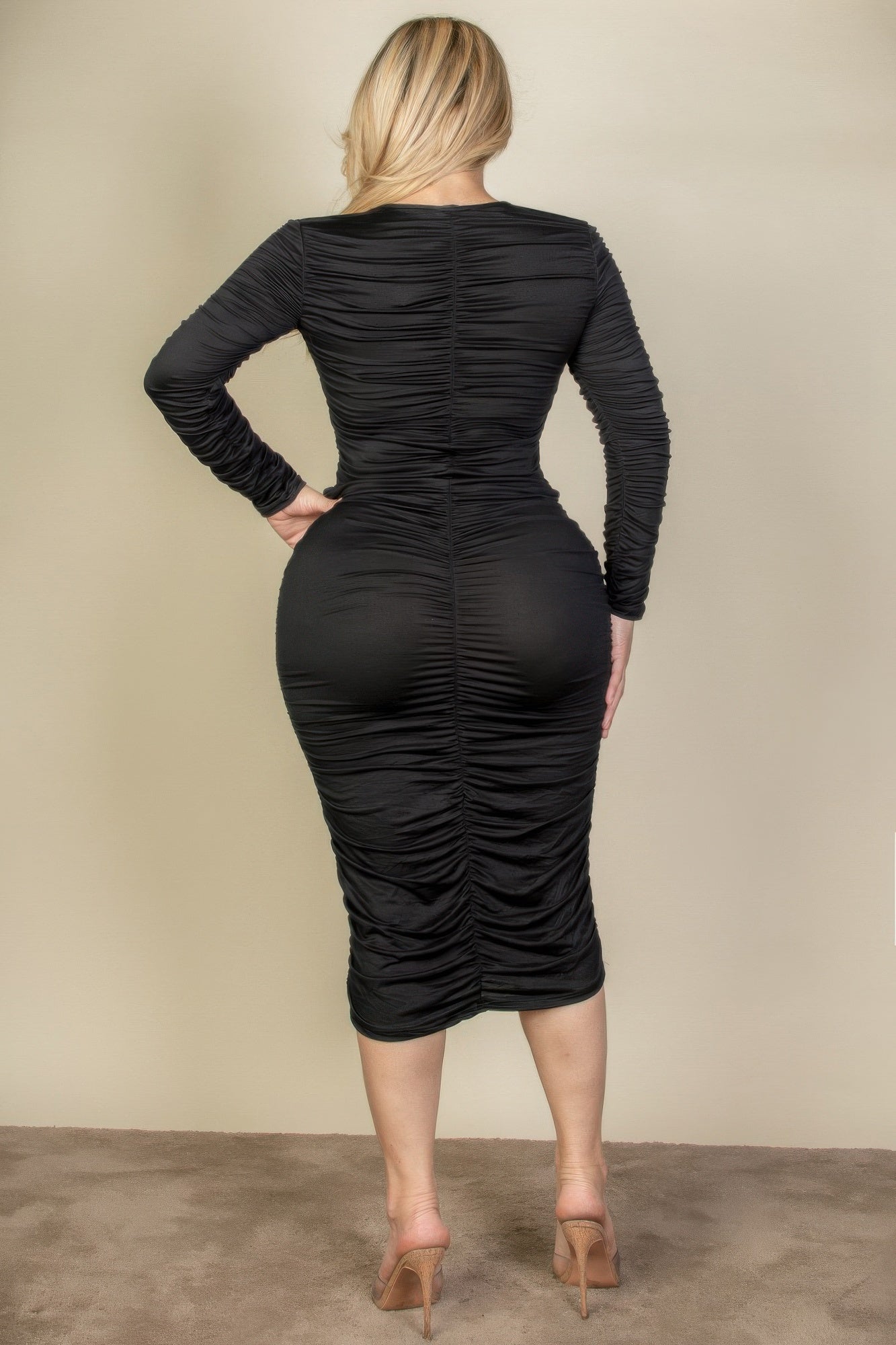 Plus Size Ruched Long Sleeve Midi Dress product image