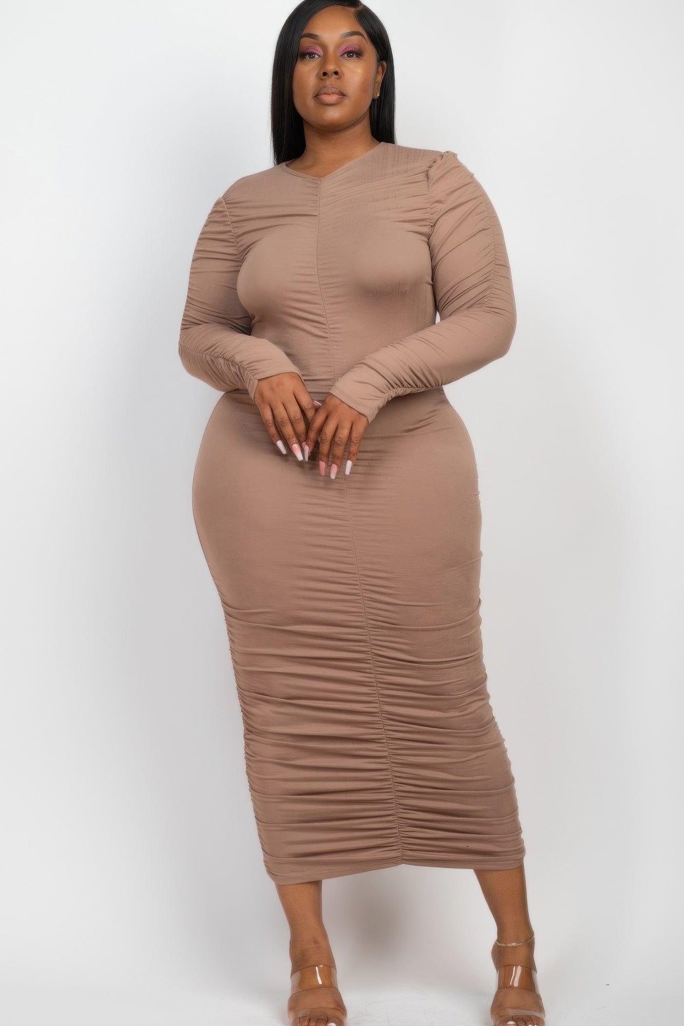 Plus Size Ruched Long Sleeve Midi Dress product image