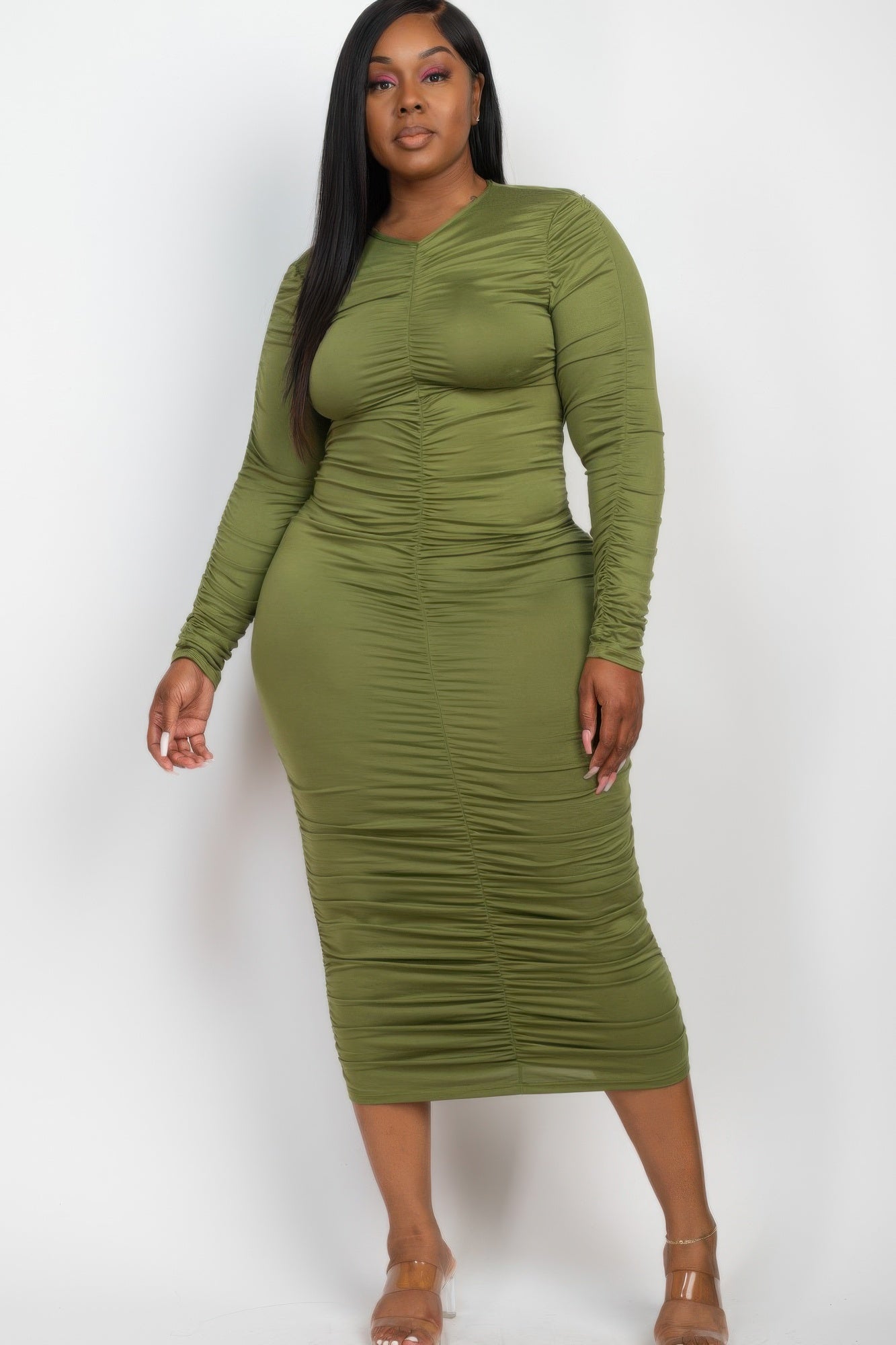 Plus Size Ruched Long Sleeve Midi Dress product image