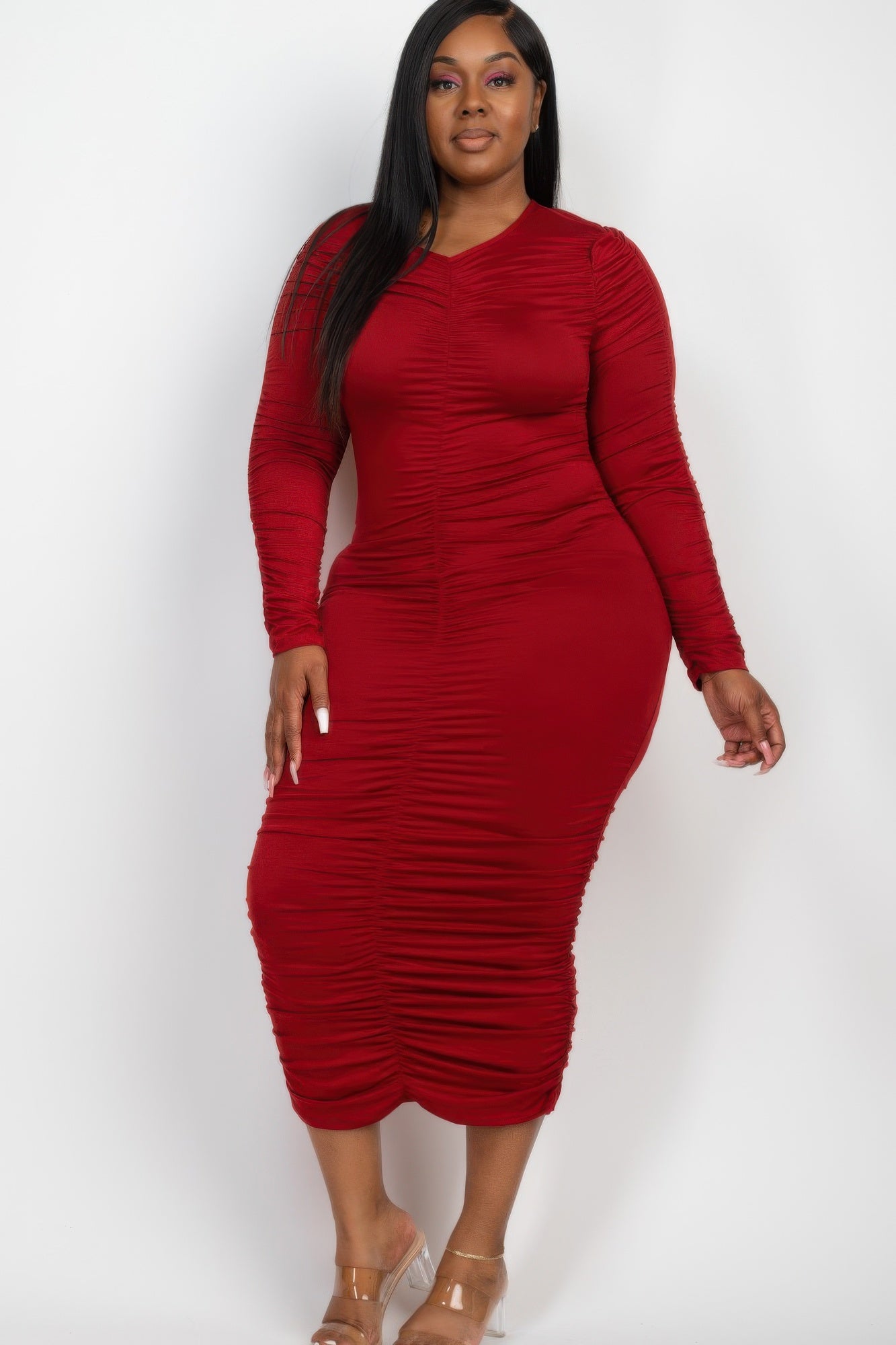 Plus Size Ruched Long Sleeve Midi Dress product image