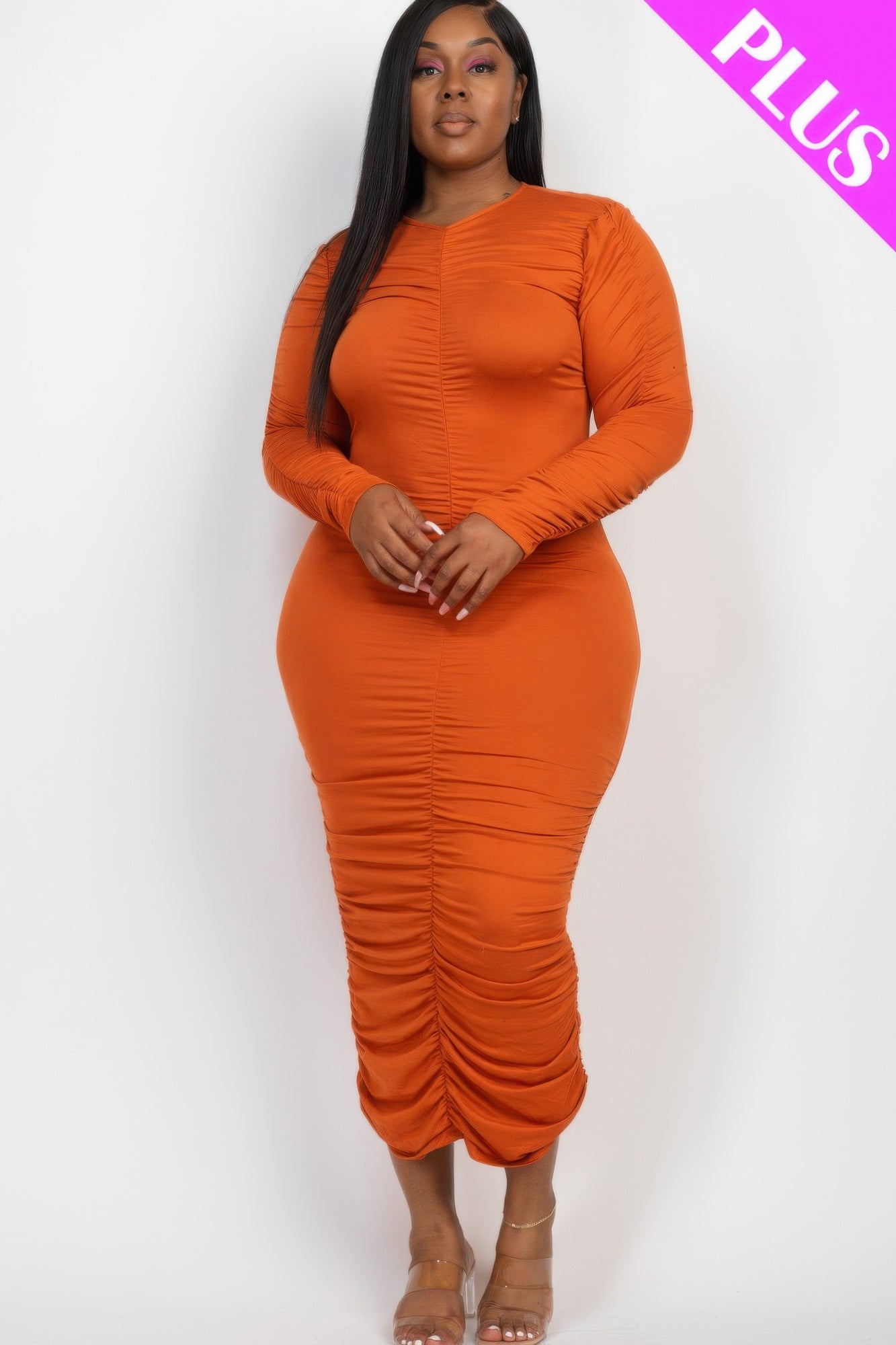 Plus Size Ruched Long Sleeve Midi Dress product image