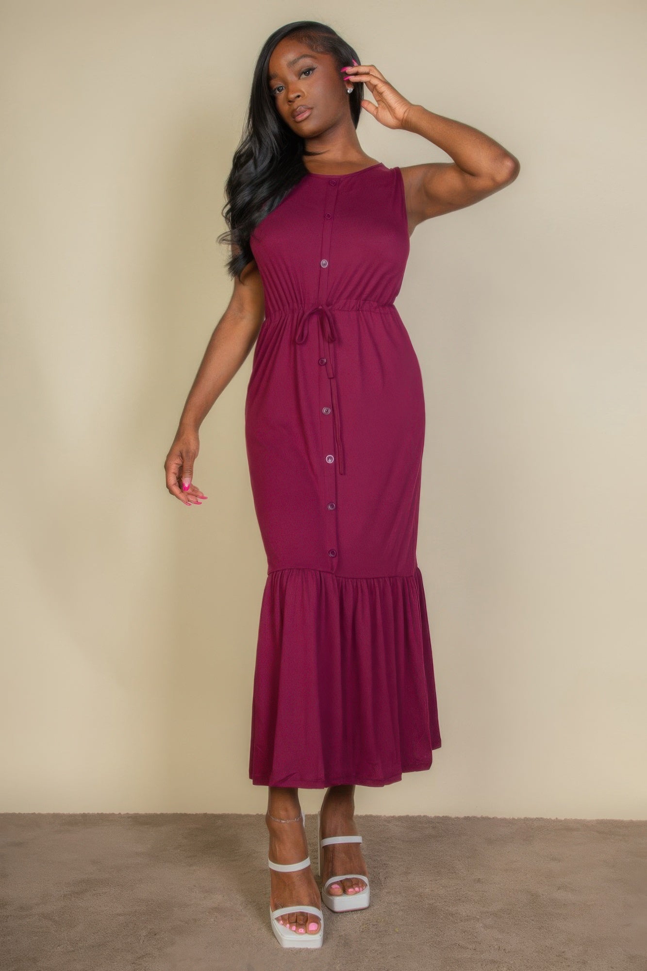 Button Front Tie Waist Sleeveless Maxi Dress product image