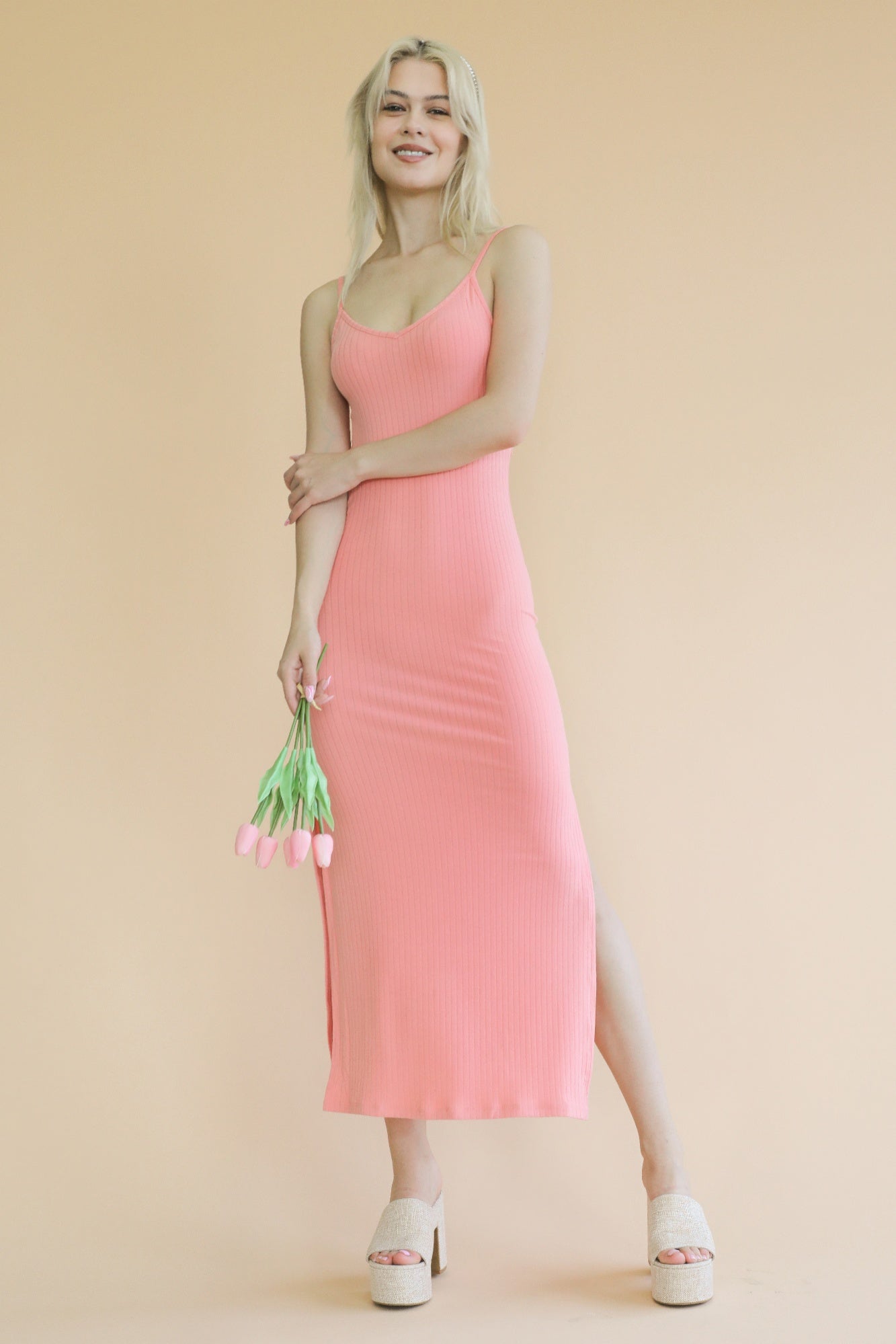 Ribbed Side Slit Long Cami Dress product image