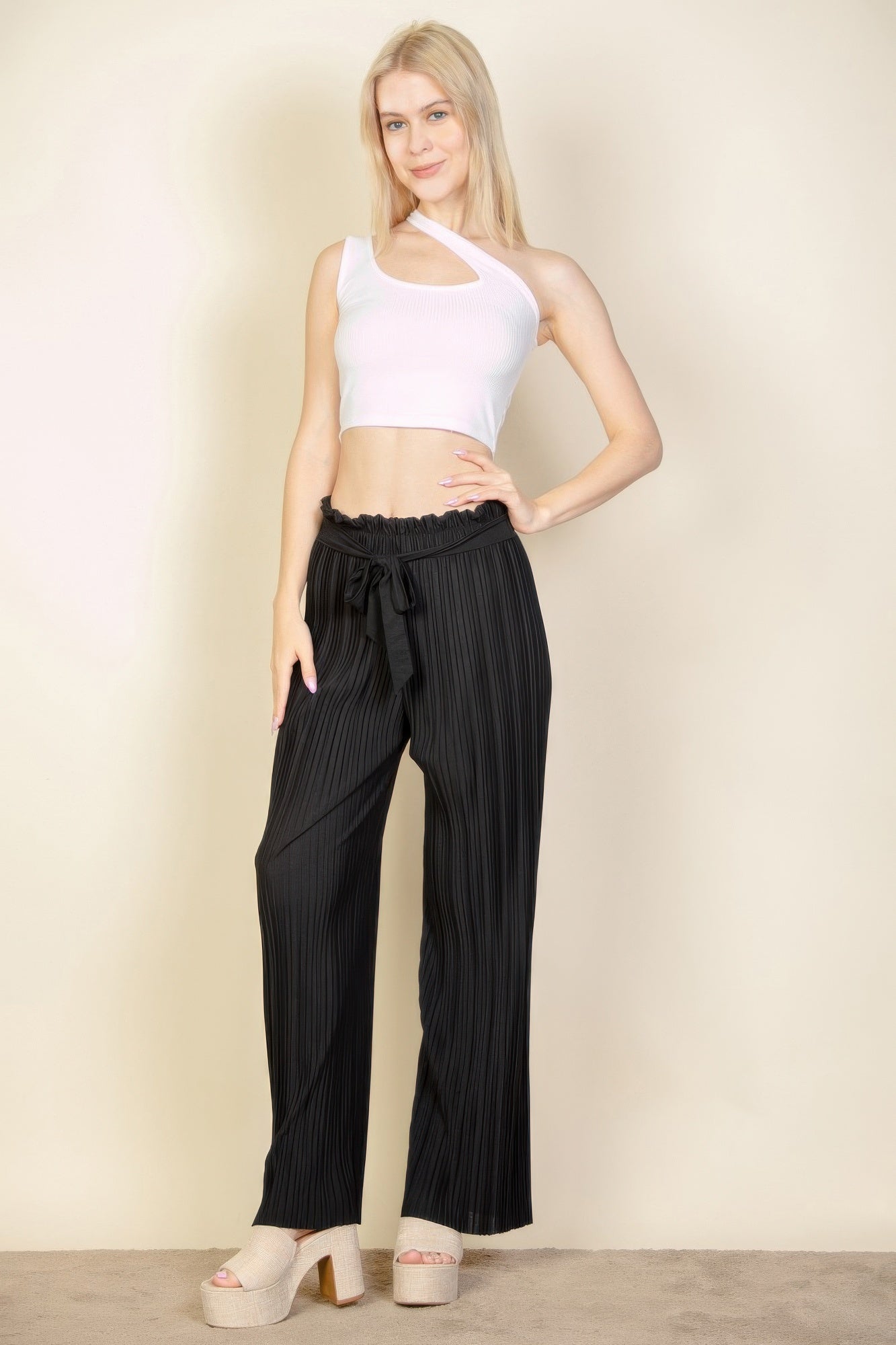Pleated Stretch Crepe Pull-on Wide Leg Tie Front Pants product image