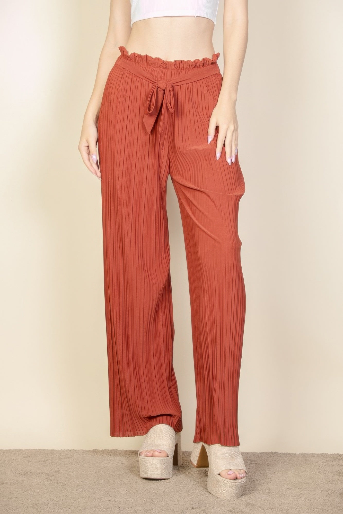 Pleated Stretch Crepe Pull-on Wide Leg Tie Front Pants product image