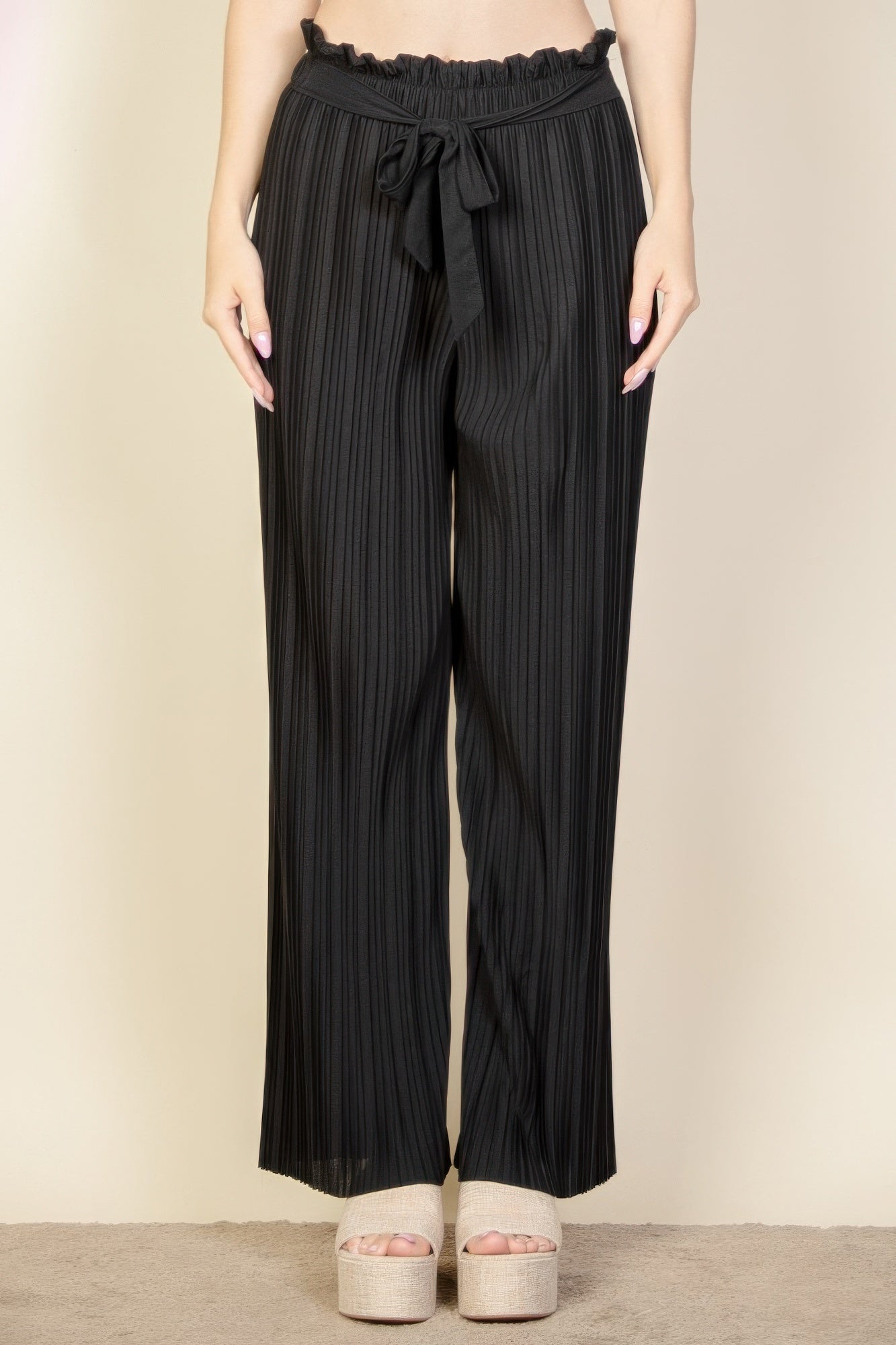 Pleated Stretch Crepe Pull-on Wide Leg Tie Front Pants product image
