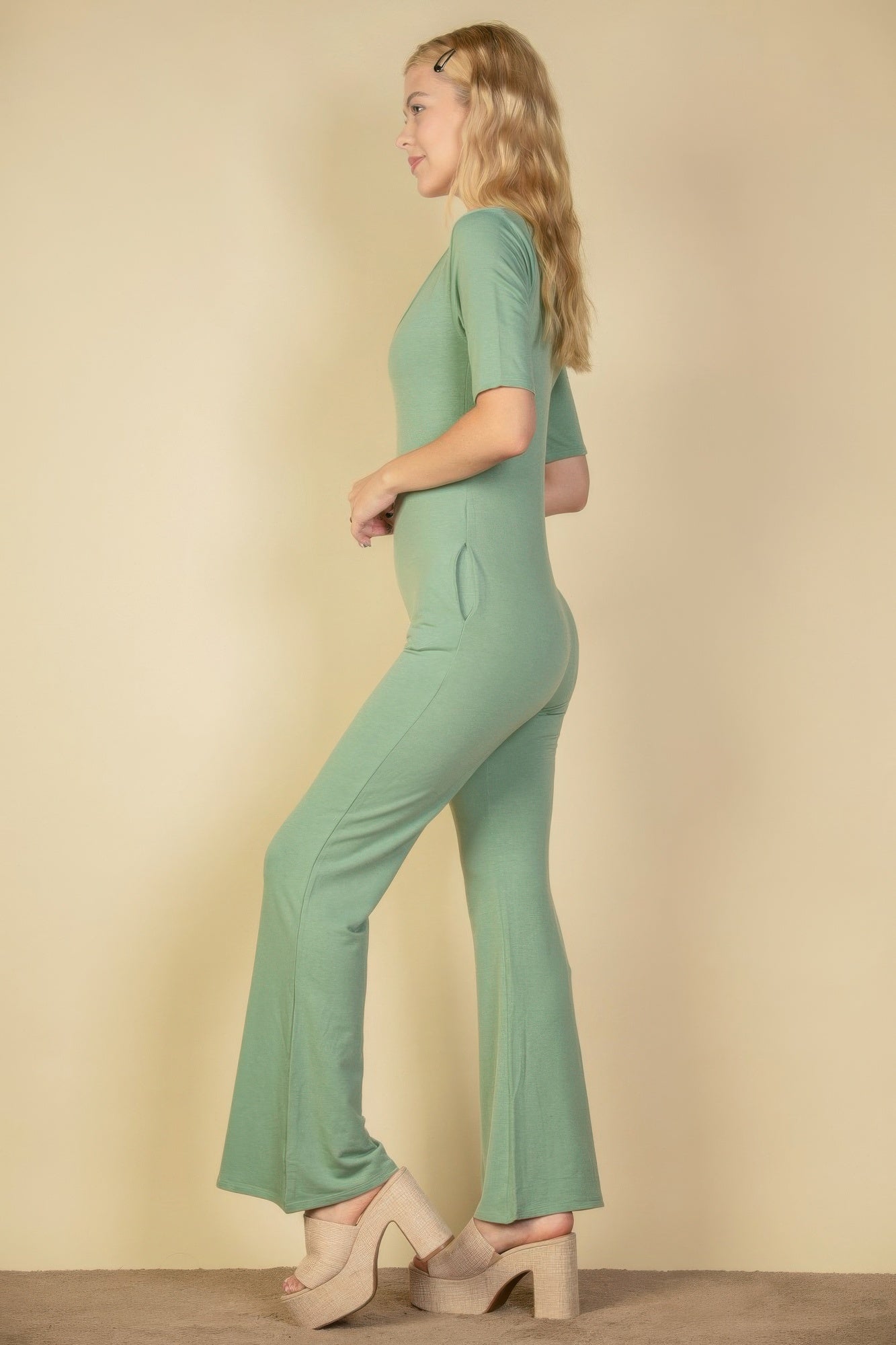 French Terry Short Sleeve Flare Jumpsuit product image