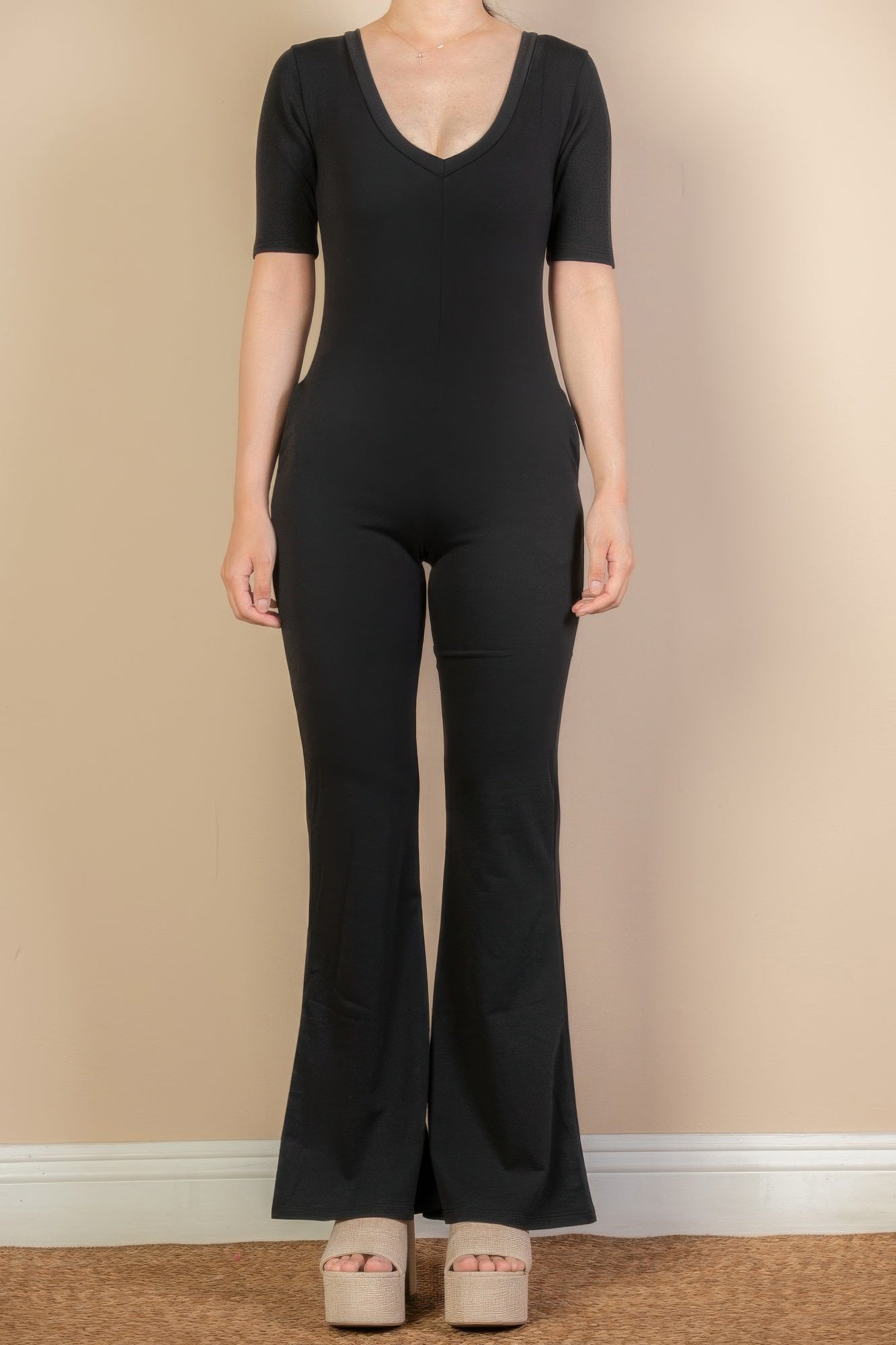 French Terry Short Sleeve Flare Jumpsuit product image