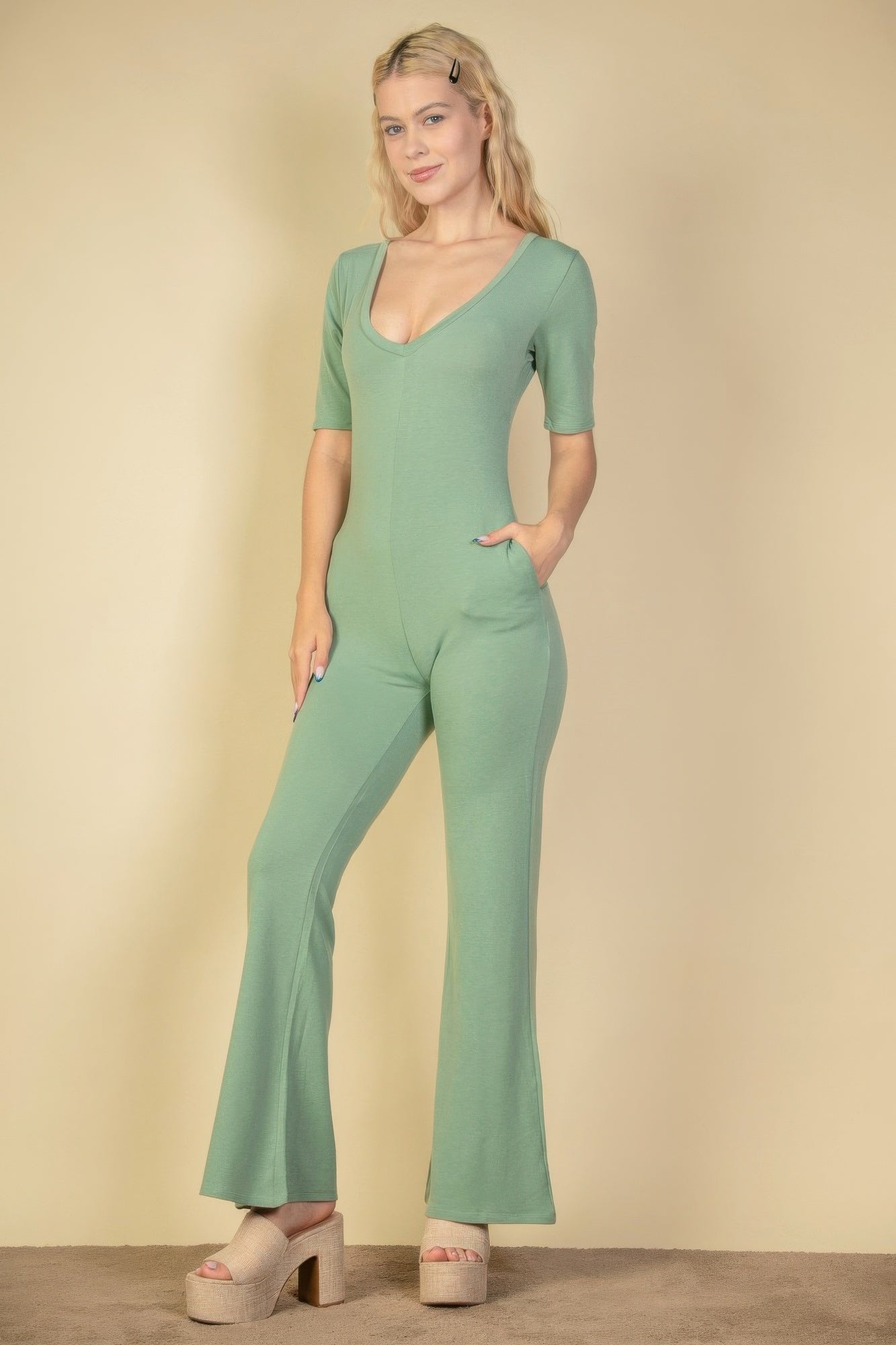 French Terry Short Sleeve Flare Jumpsuit product image