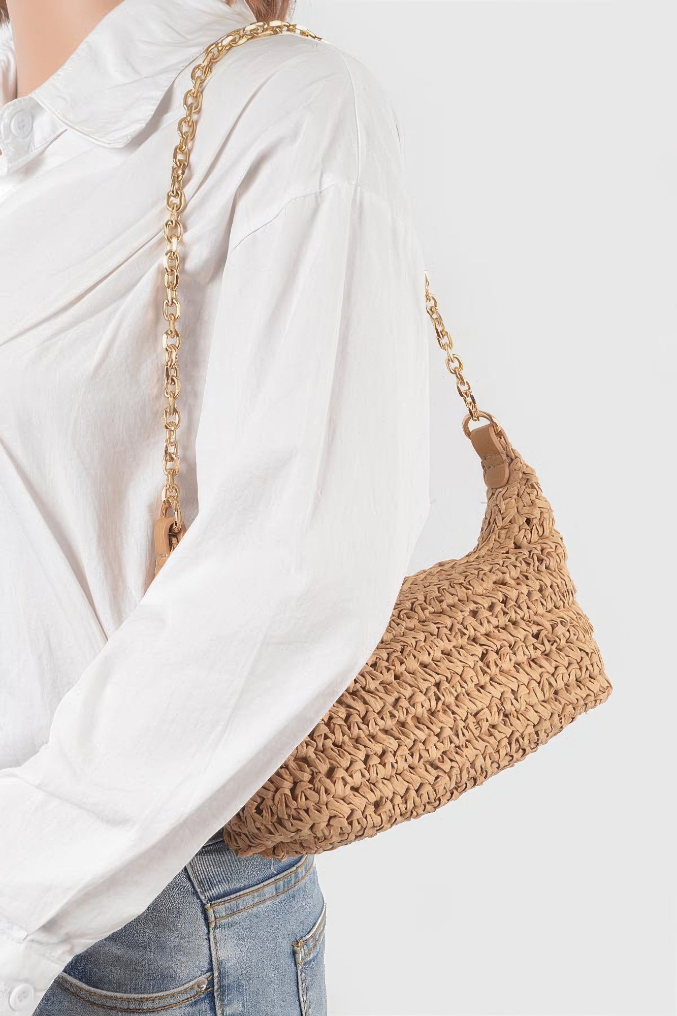 Faux Straw Zip Chain Shoulder Clutch product image
