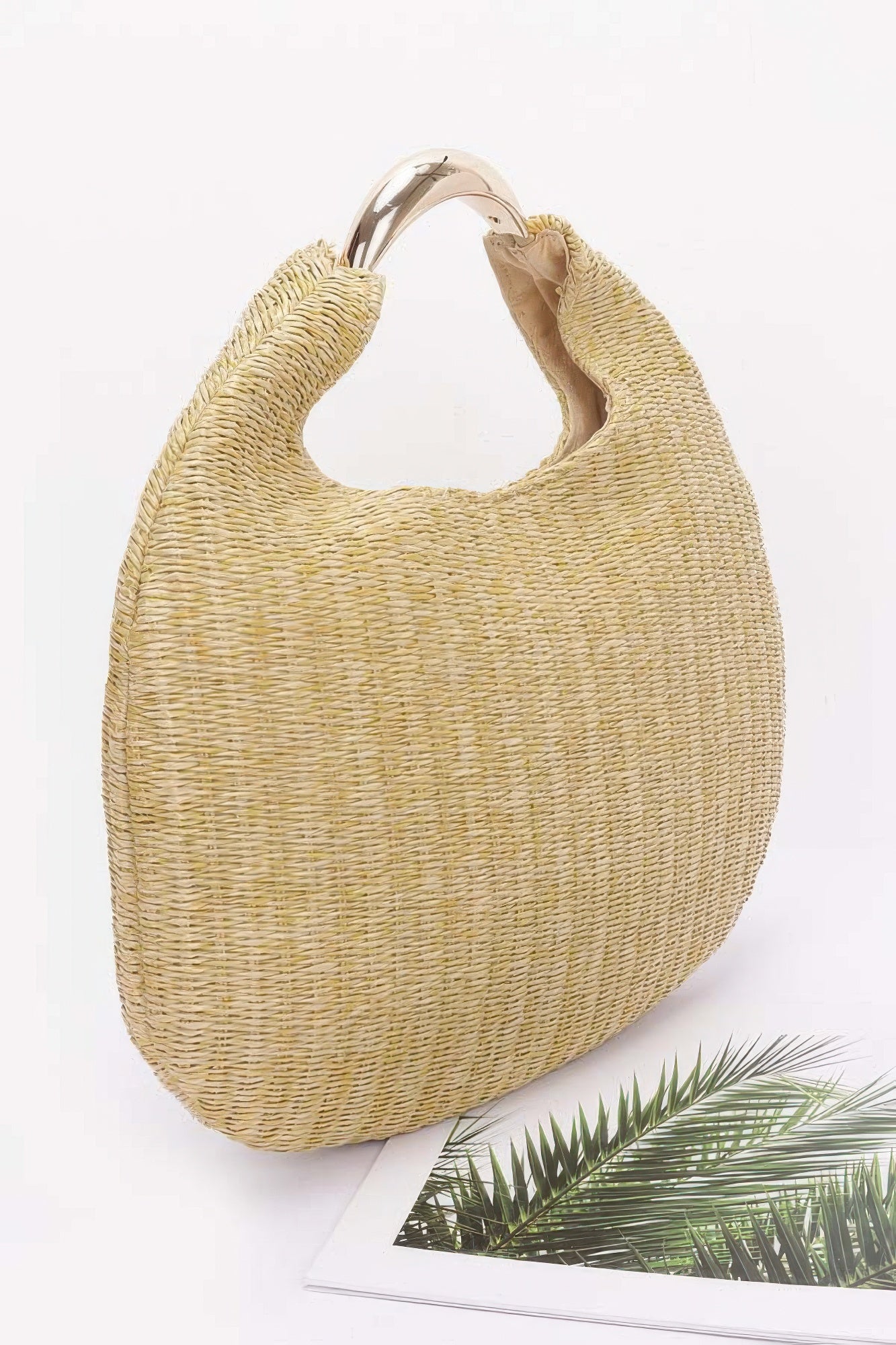 Faux Straw Metal Handle Hobo Bag product image