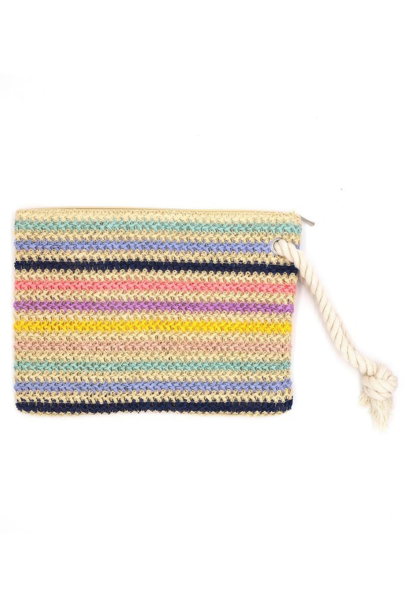 Rope Handle Multicolor Striped Straw Crochet Pouch product image