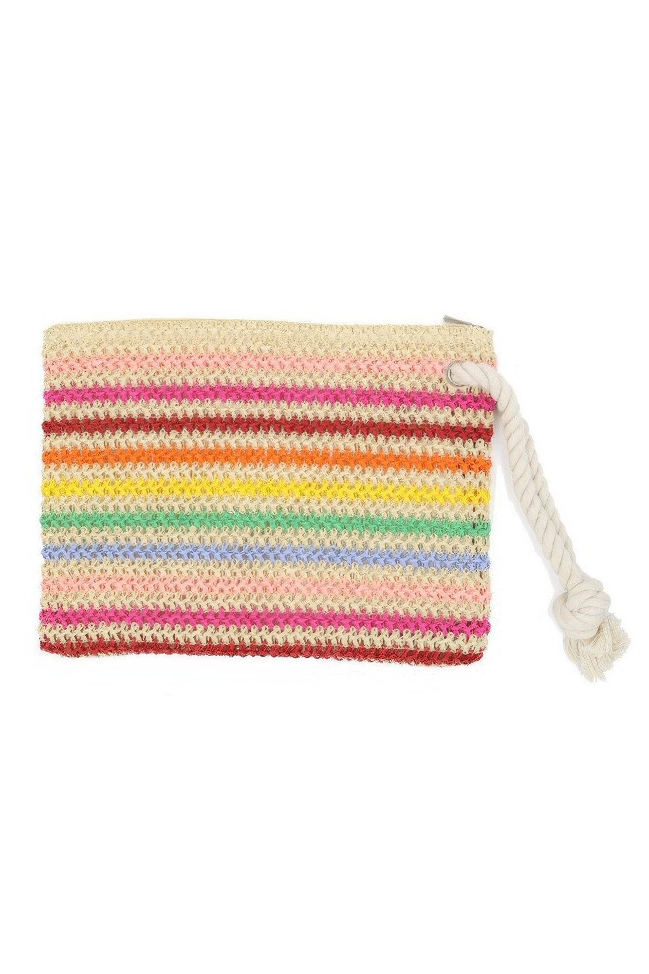 Rope Handle Multicolor Striped Straw Crochet Pouch product image