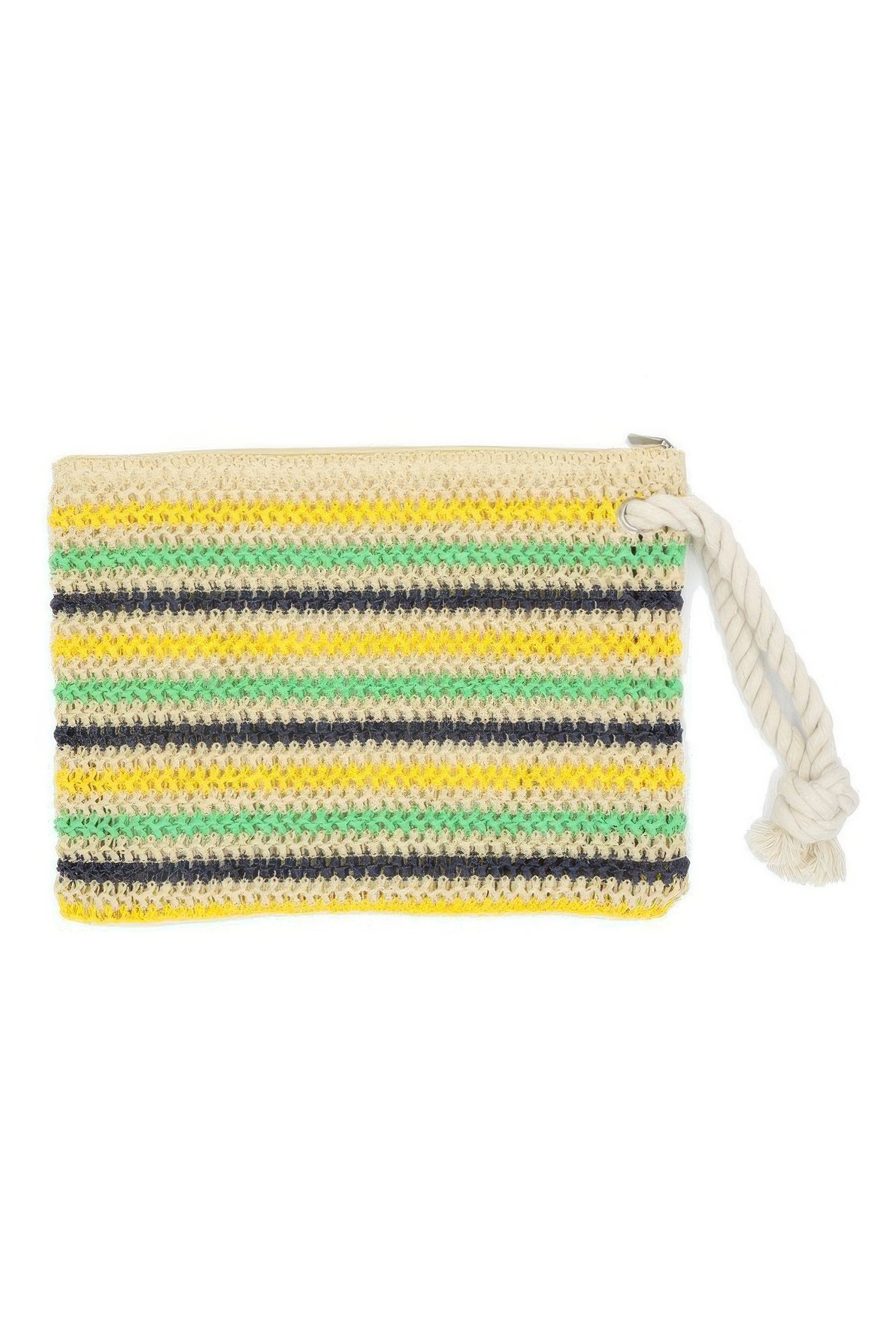 Rope Handle Multicolor Striped Straw Crochet Pouch product image