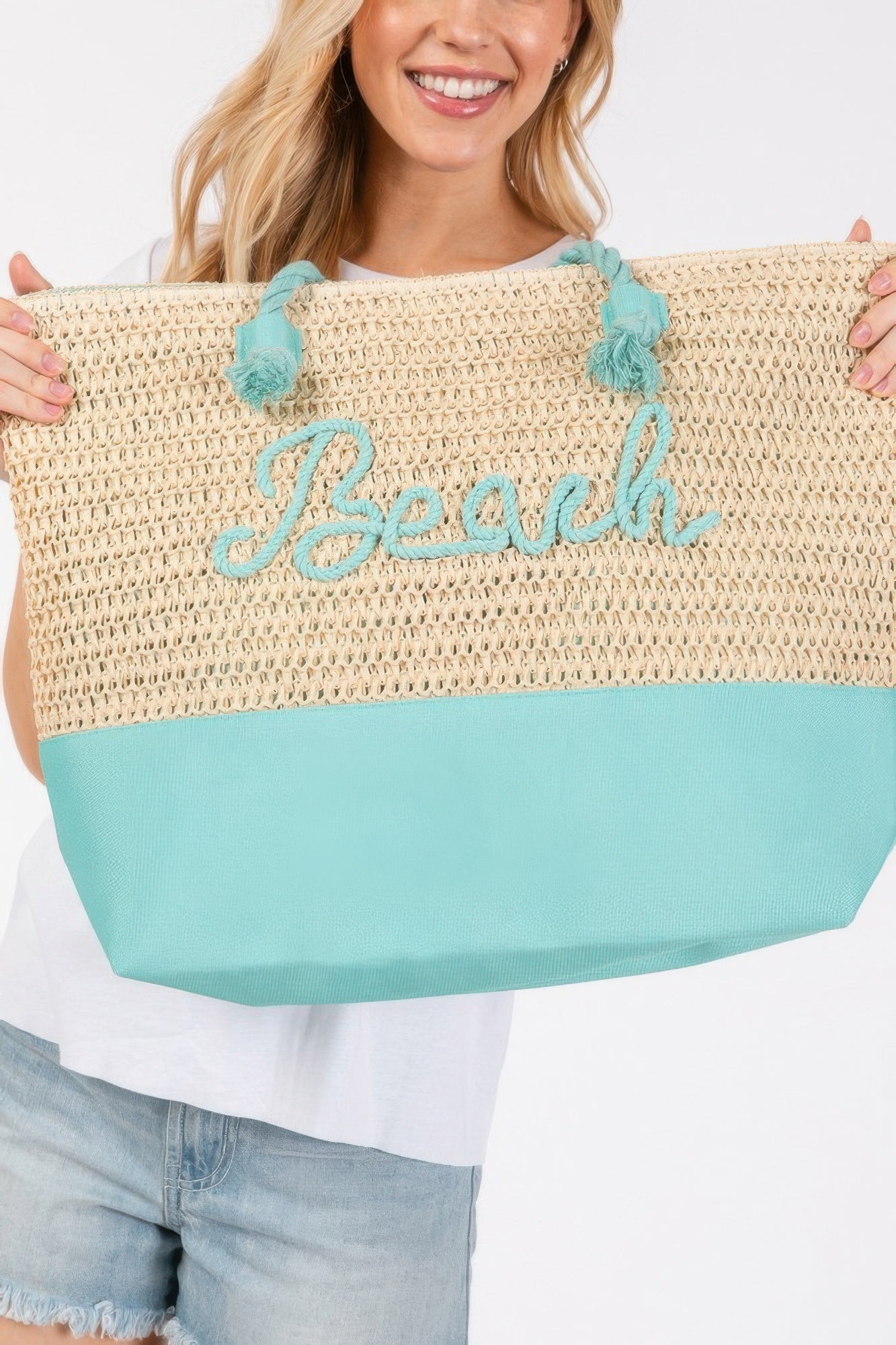 Color Sewn Rope Beach Letter And Strap Crochet Fabric Tote product image