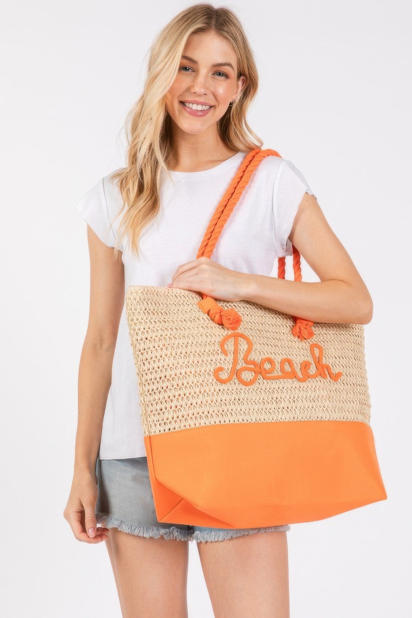 Color Sewn Rope Beach Letter And Strap Crochet Fabric Tote product image