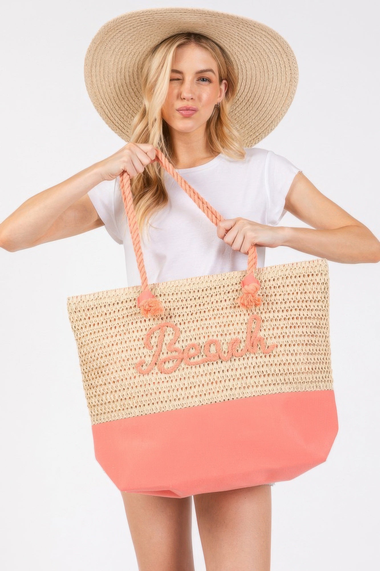Color Sewn Rope Beach Letter And Strap Crochet Fabric Tote product image