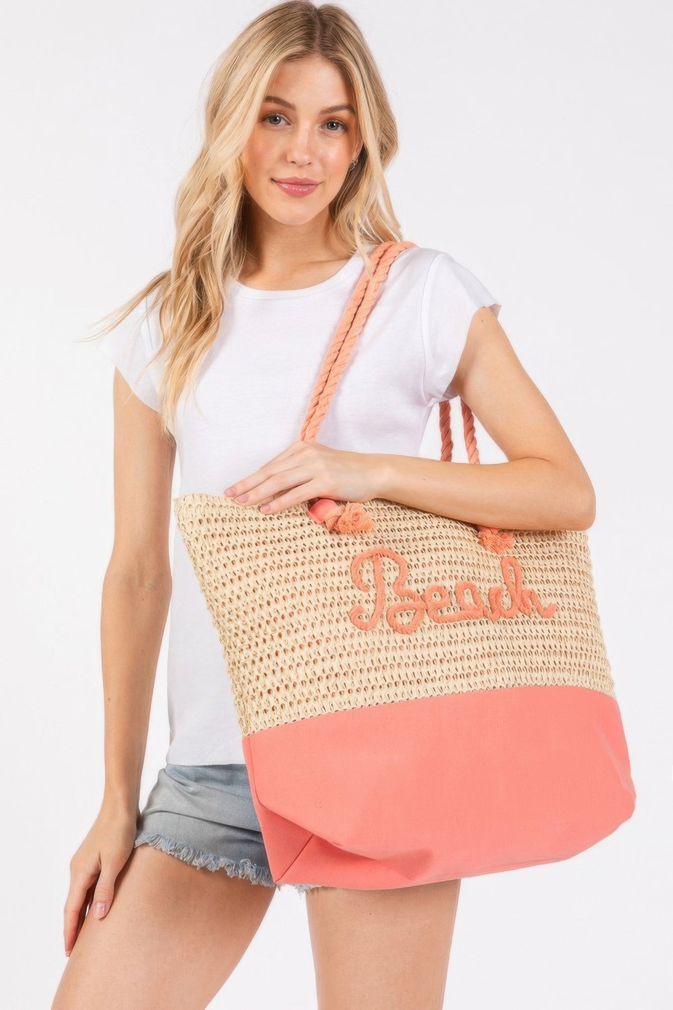 Color Sewn Rope Beach Letter And Strap Crochet Fabric Tote product image