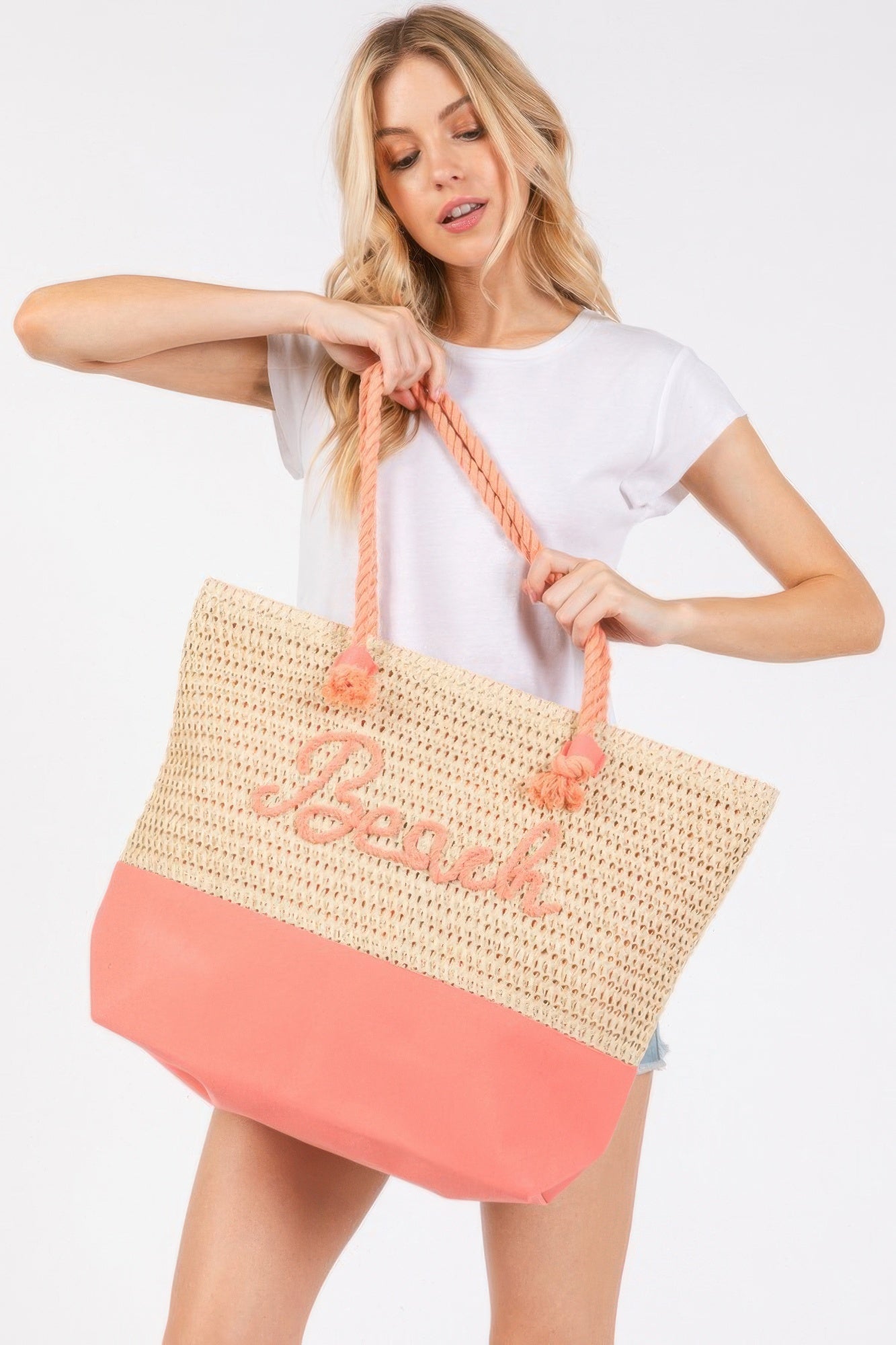 Color Sewn Rope Beach Letter And Strap Crochet Fabric Tote product image