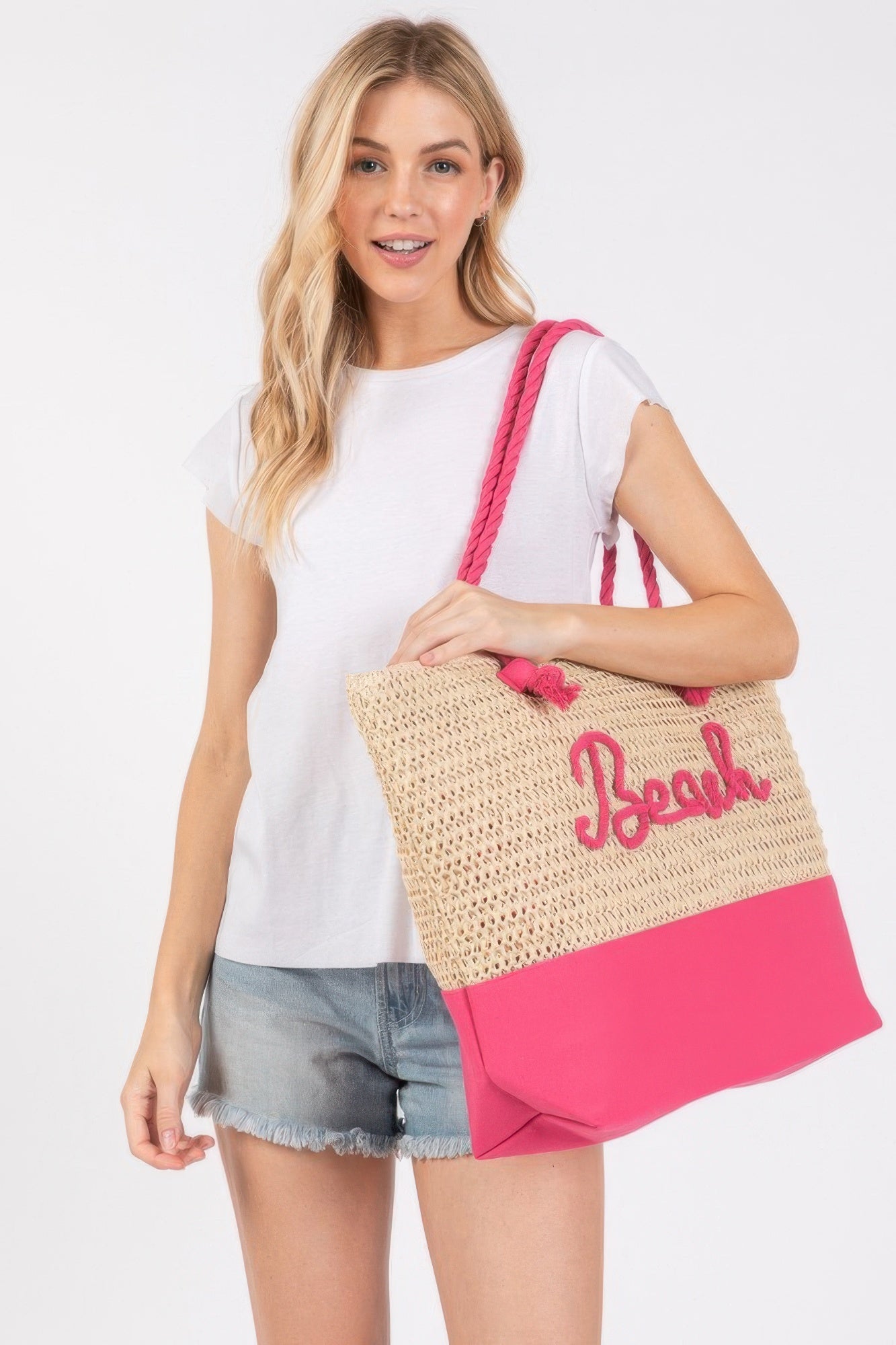 Color Sewn Rope Beach Letter And Strap Crochet Fabric Tote product image