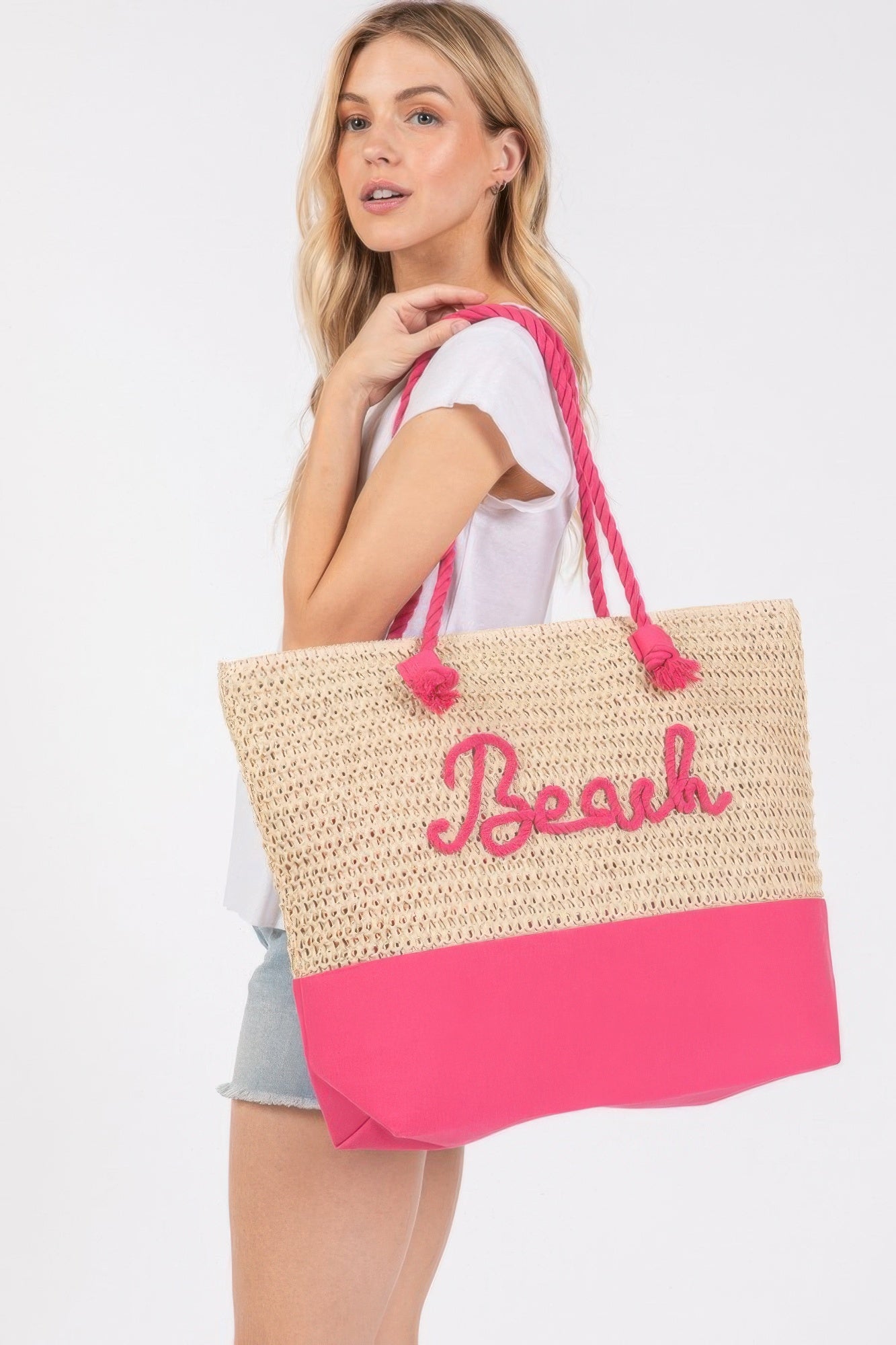 Color Sewn Rope Beach Letter And Strap Crochet Fabric Tote product image