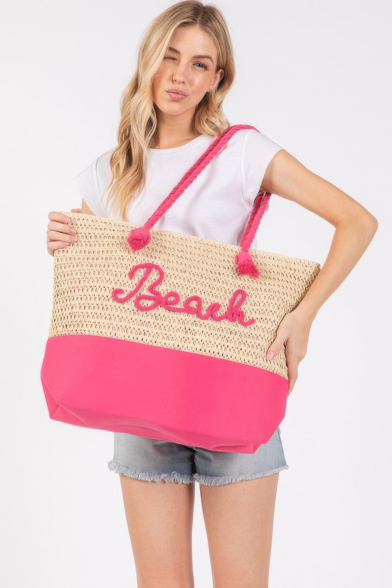 Color Sewn Rope Beach Letter And Strap Crochet Fabric Tote product image
