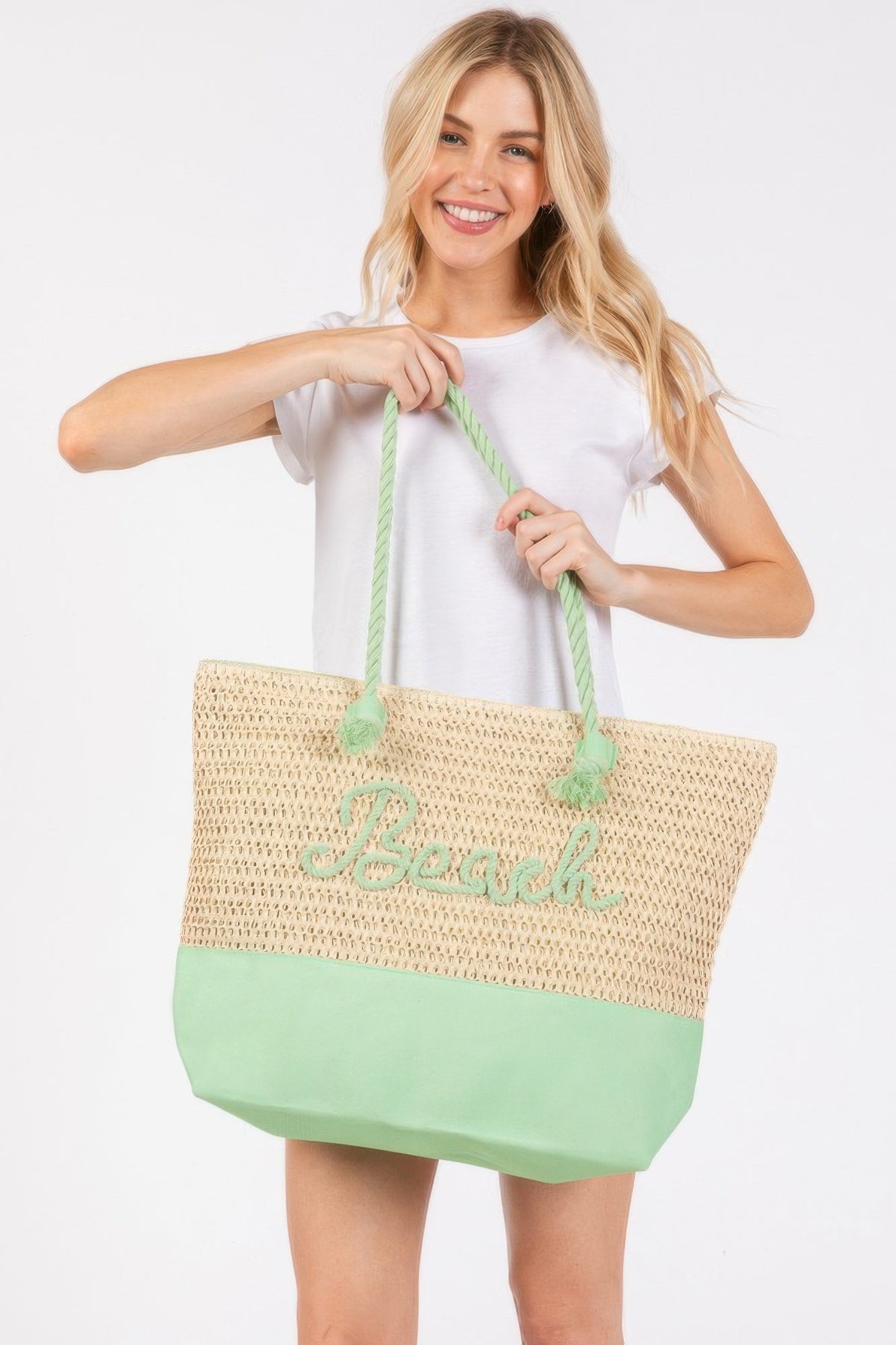 Color Sewn Rope Beach Letter And Strap Crochet Fabric Tote product image