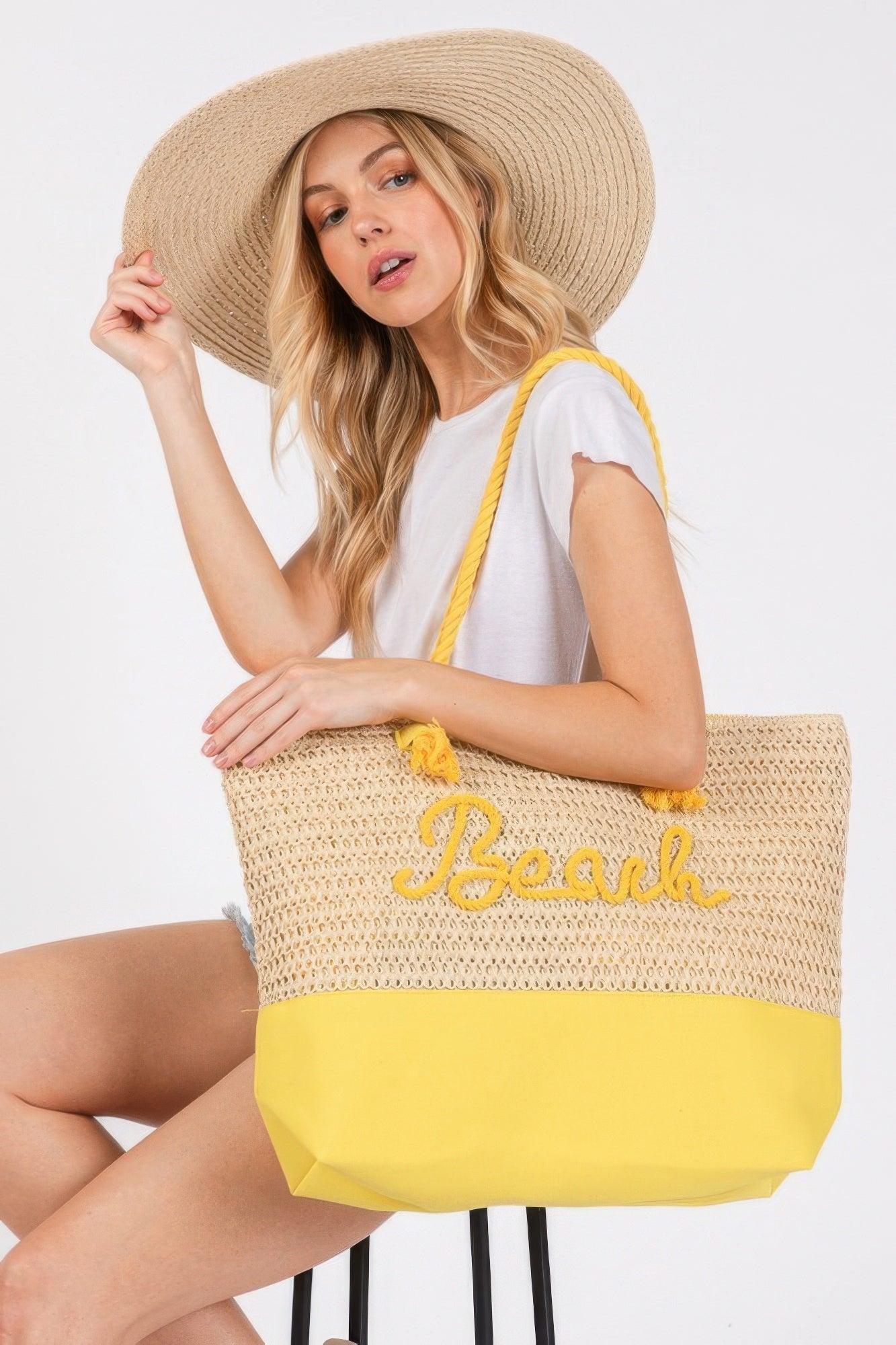 Color Sewn Rope Beach Letter And Strap Crochet Fabric Tote product image