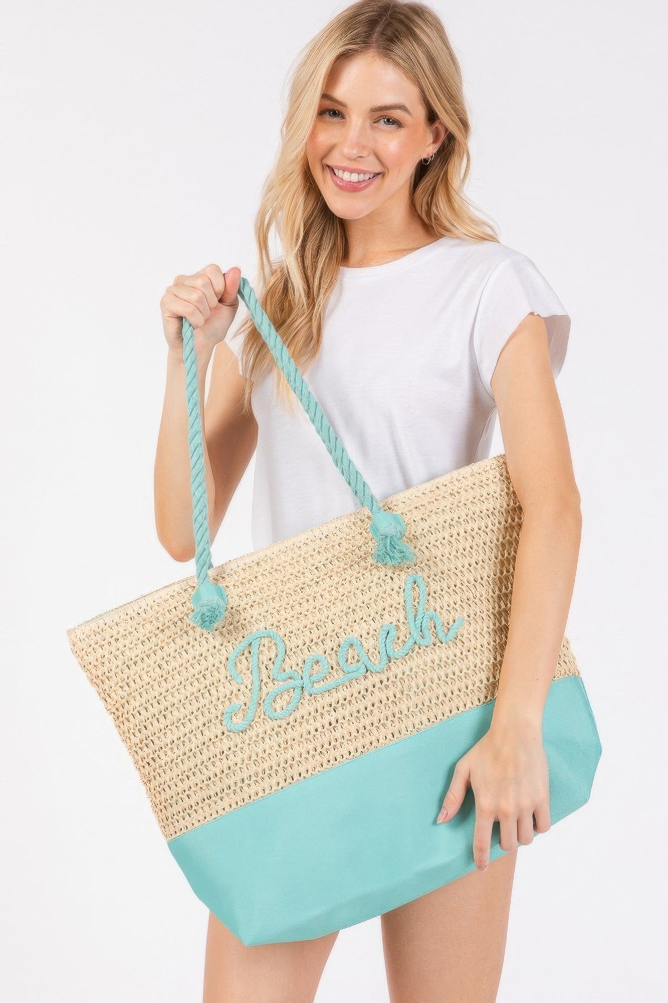 Color Sewn Rope Beach Letter And Strap Crochet Fabric Tote product image