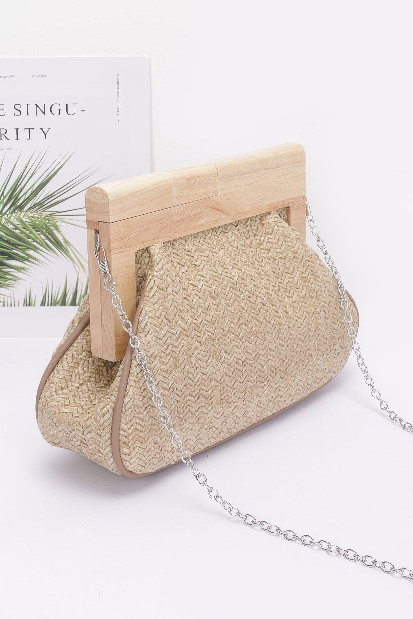 Faux Straw Wood Frame Clutch product image