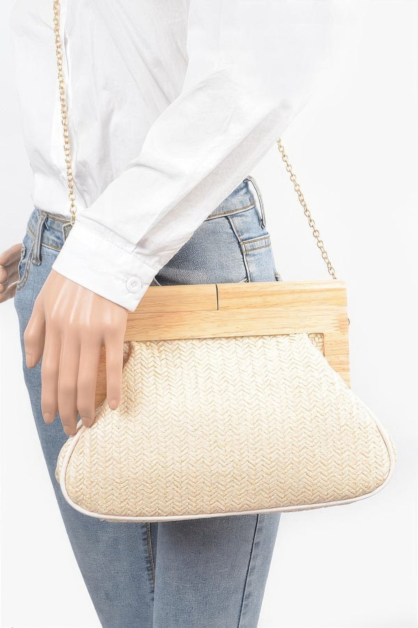 Faux Straw Wood Frame Clutch product image
