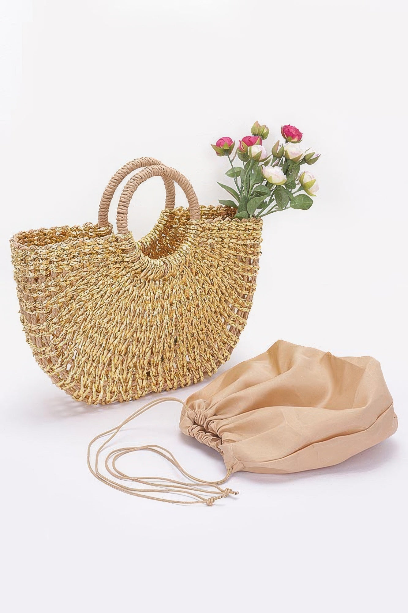 Metallic Faux Straw Tote Bag W Pouch product image