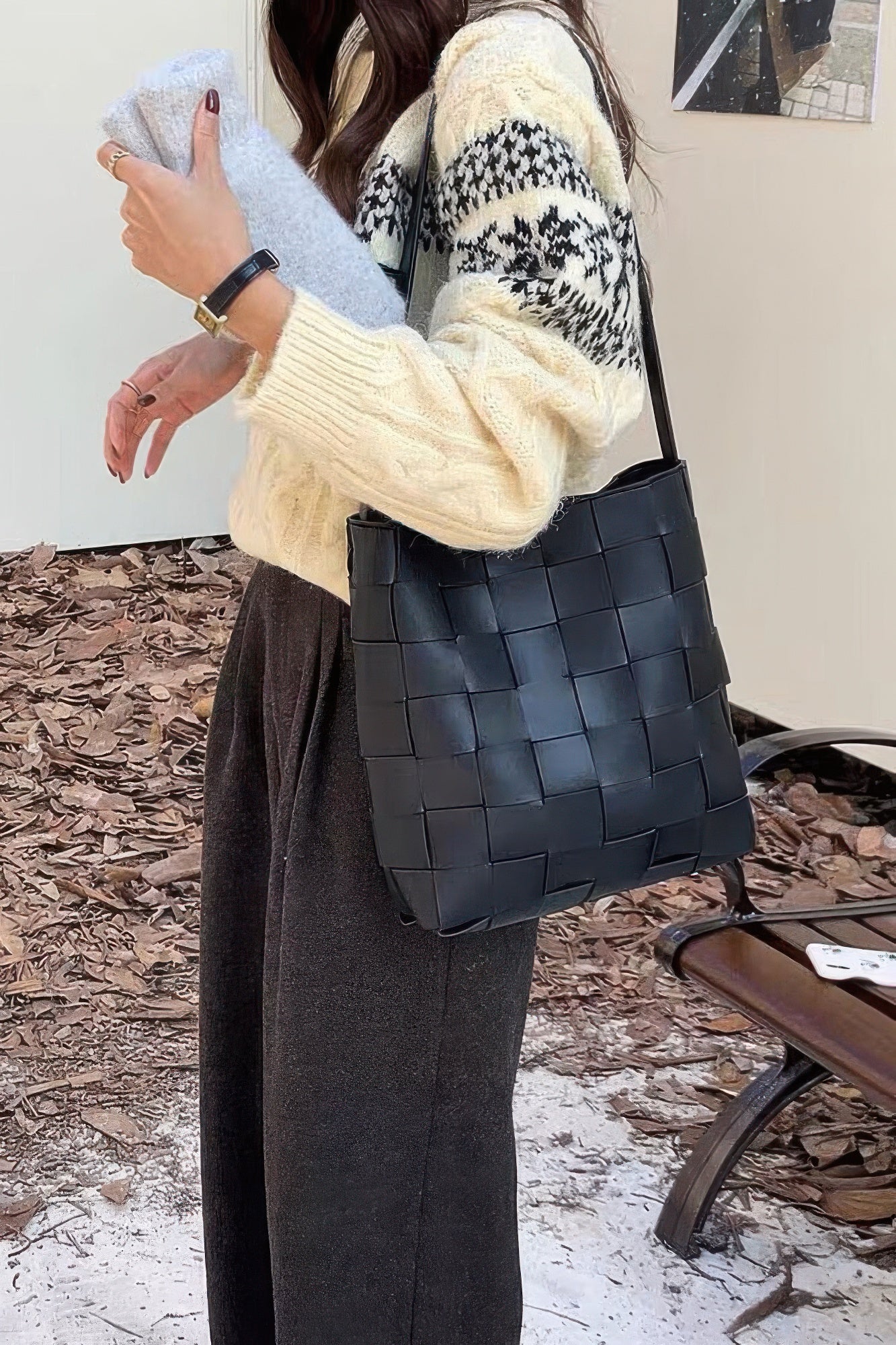 Faux Leather Braided Shoulder Bag W Pouch product image