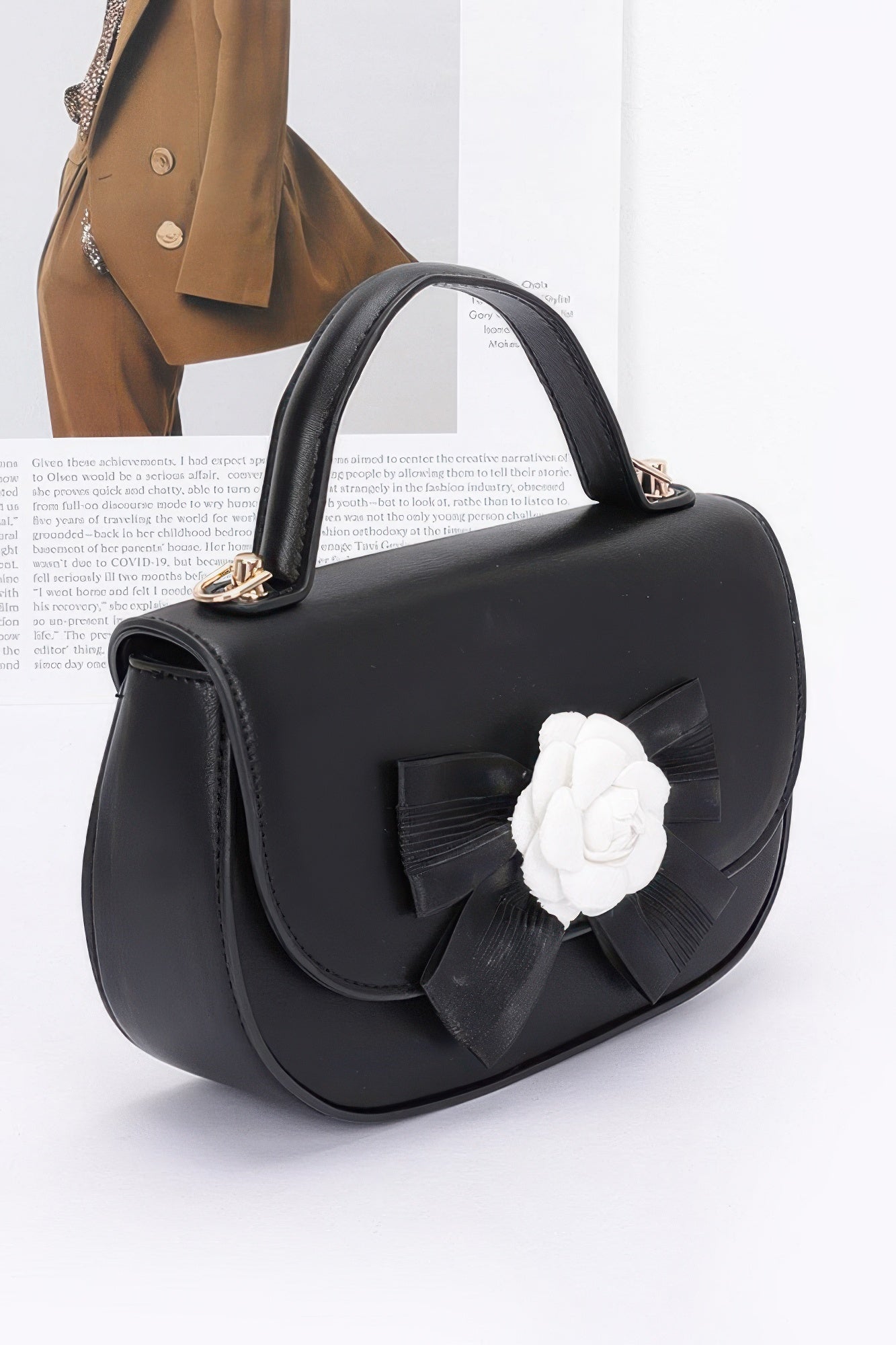 Faux Leather Flower Ribbon Top Handle Flap Bag product image