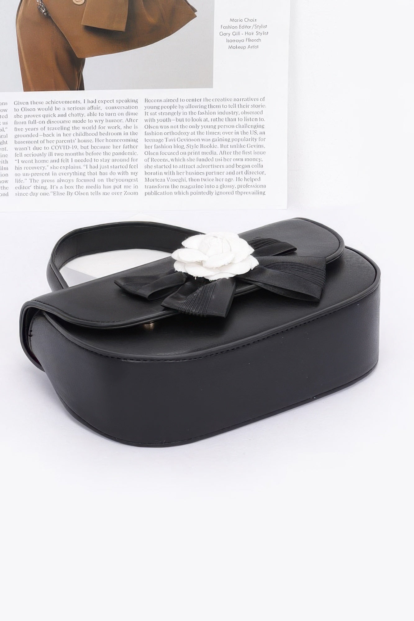 Faux Leather Flower Ribbon Top Handle Flap Bag product image