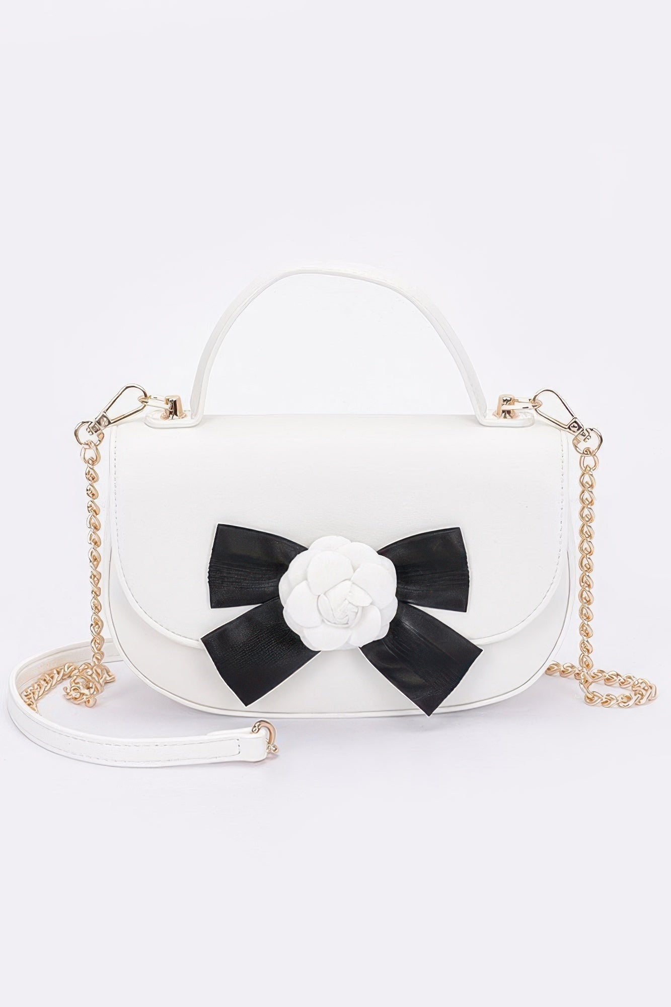 Faux Leather Flower Ribbon Top Handle Flap Bag product image