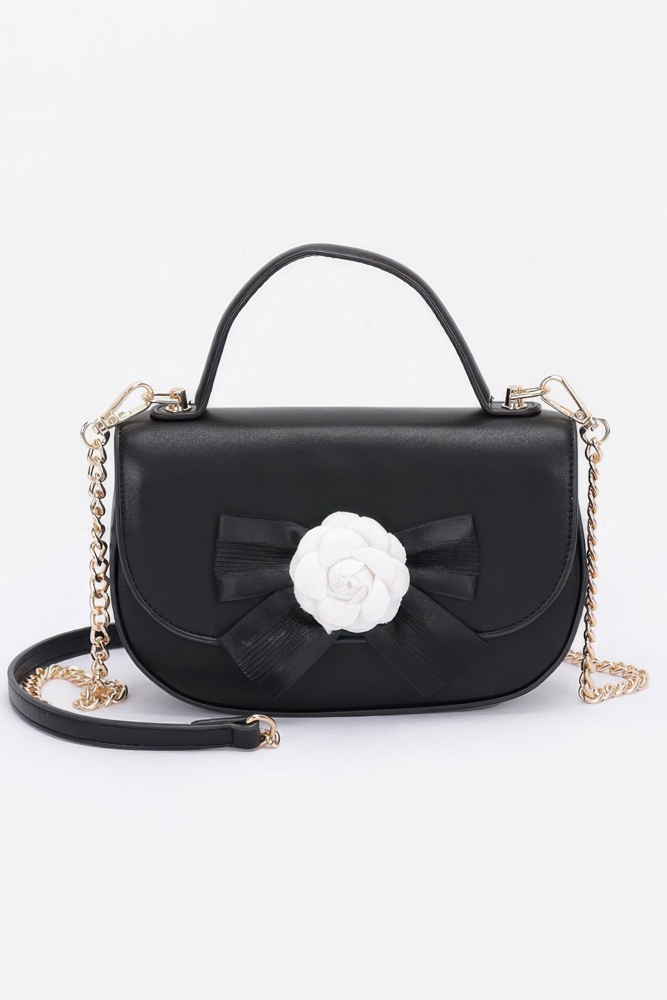 Faux Leather Flower Ribbon Top Handle Flap Bag product image