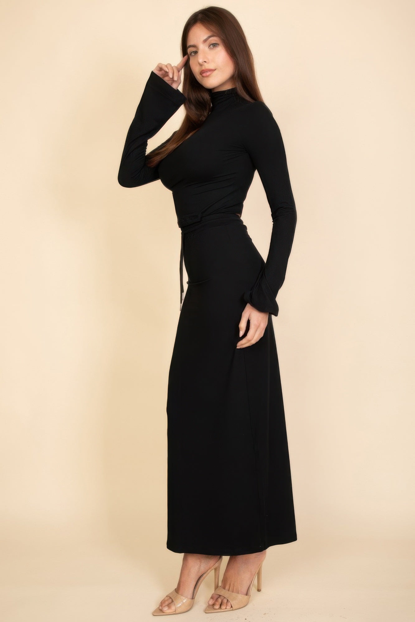Mock Neck Bell Sleeve Crop Top & Maxi Skirt Set product image